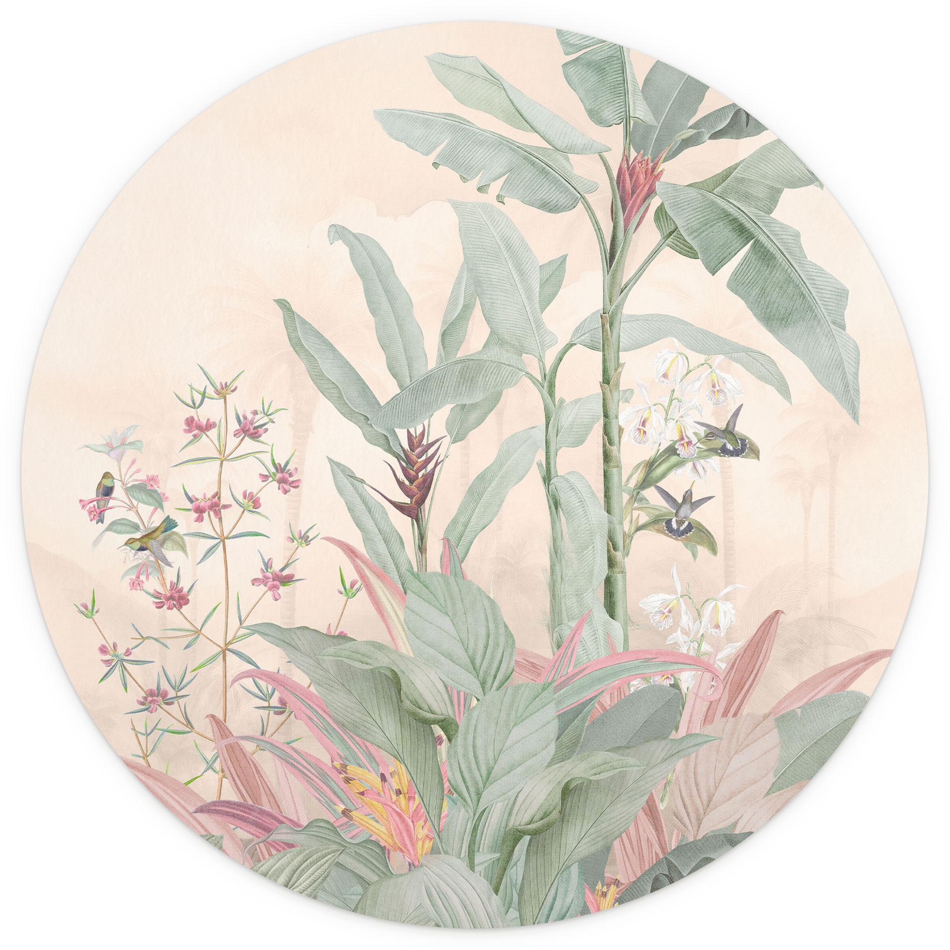 Tropische idylle met kolibries Fotobehang - Bloemdecor - Rond - Zelfklevend/niet-geweven