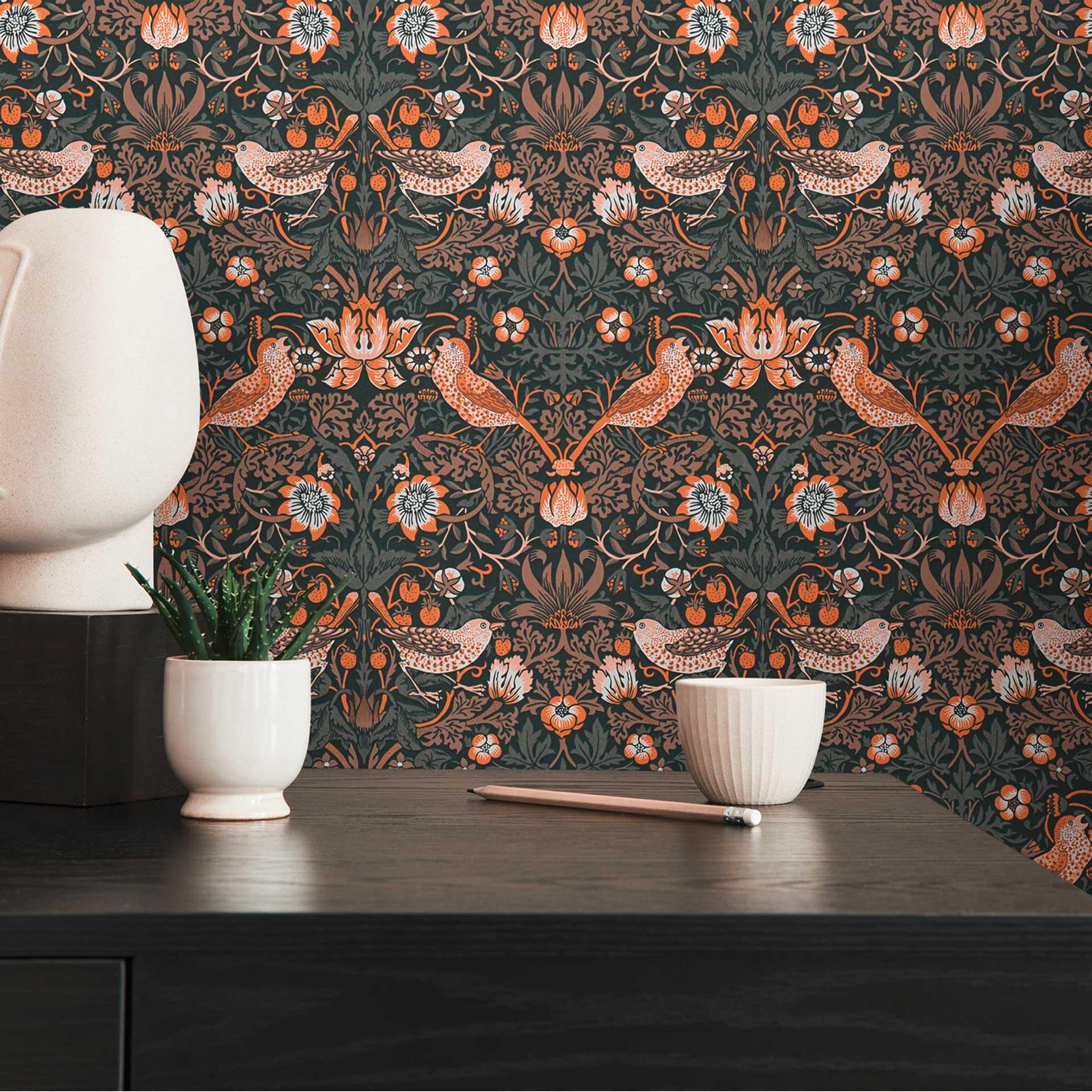 non-woven tapet med blomstermønster orange sort - tapet med fugle og dyr