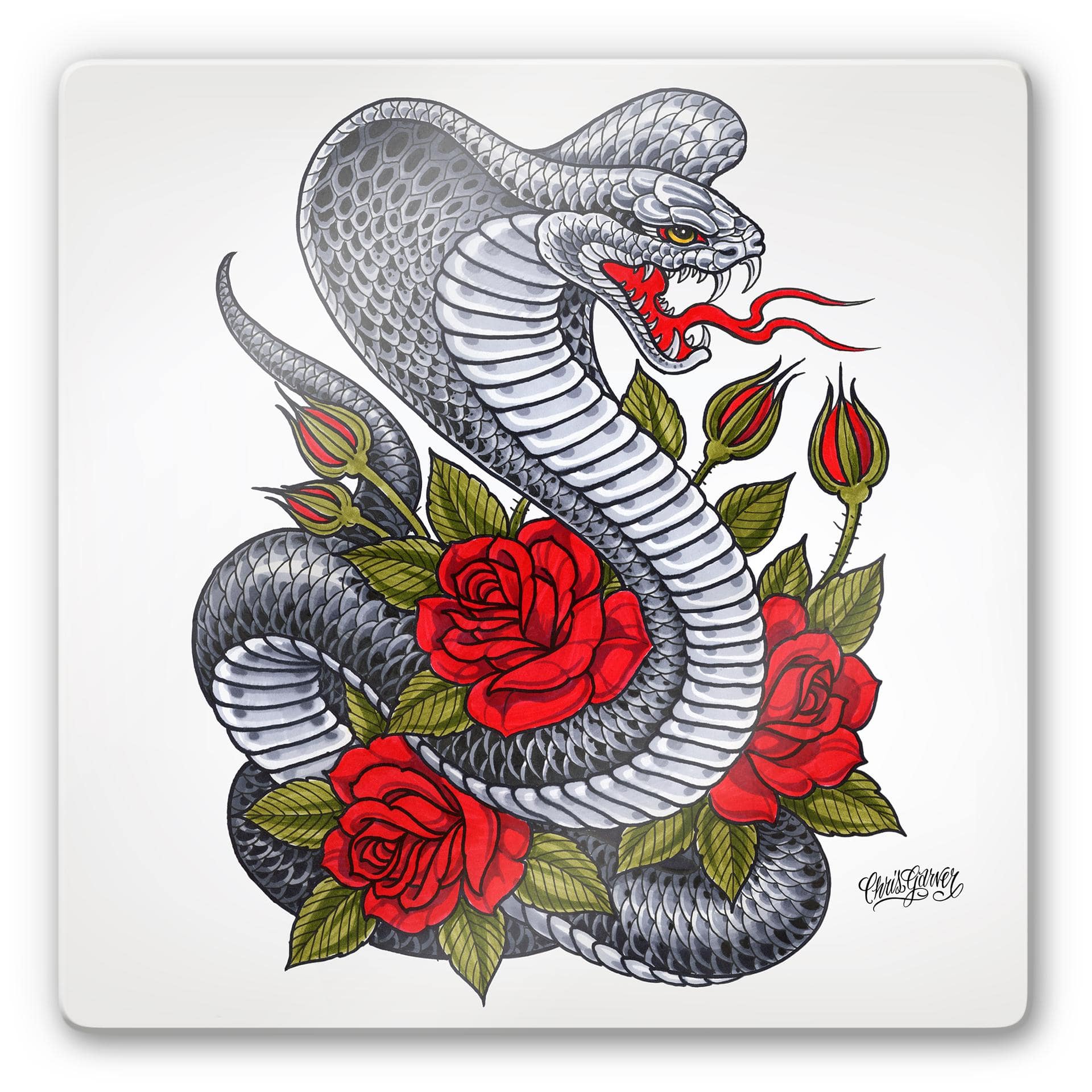 Tableau en verre - Miami Ink - Cobra avec roses