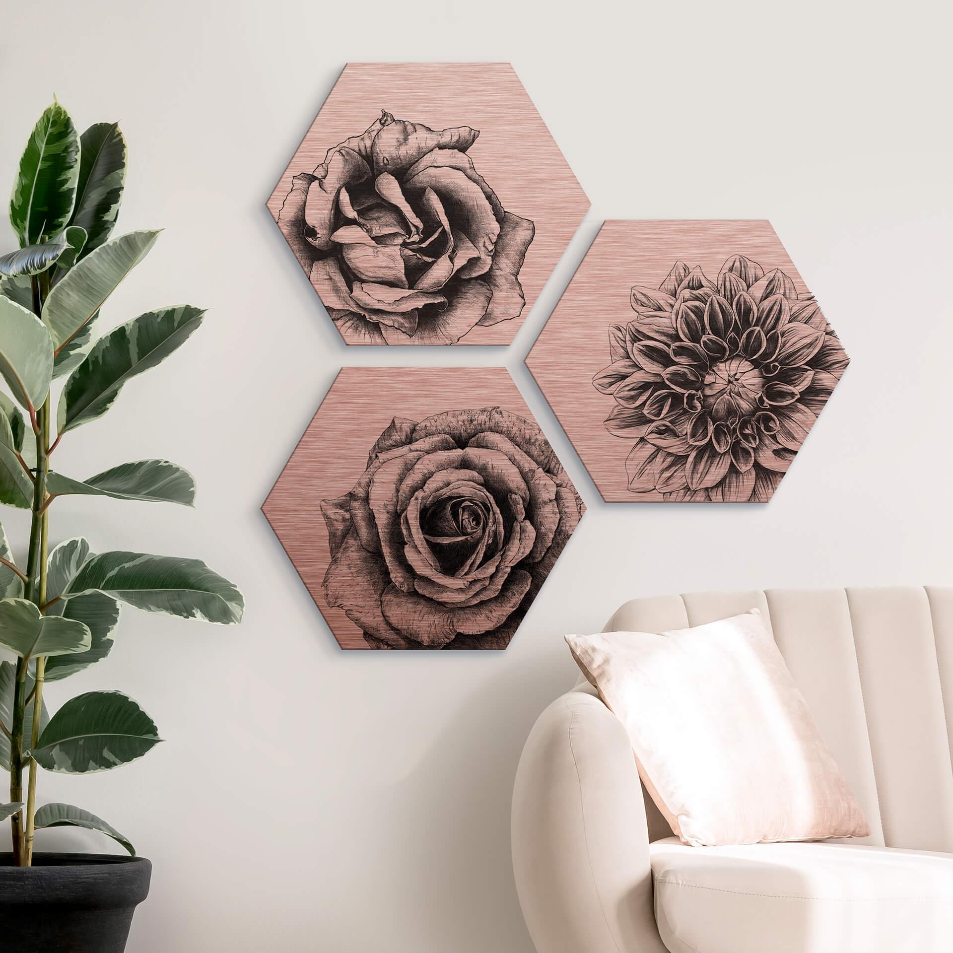 Hexagon Dibond Set Koper Effect - Kools - Flowers
