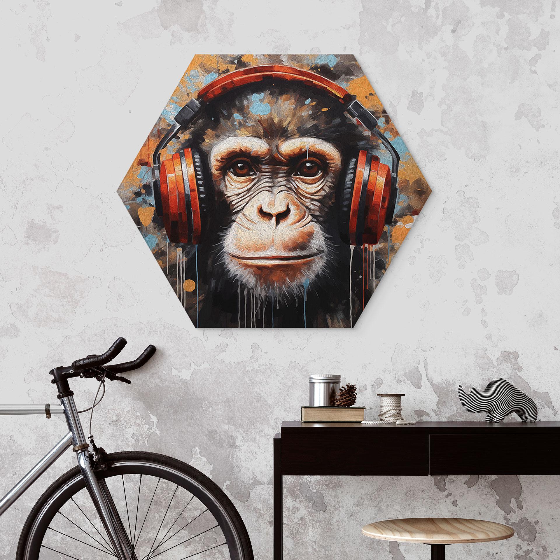 Hexagon Wandbild DJ Affe mit Kopfhörer - Magnusson - Alu-Dibond