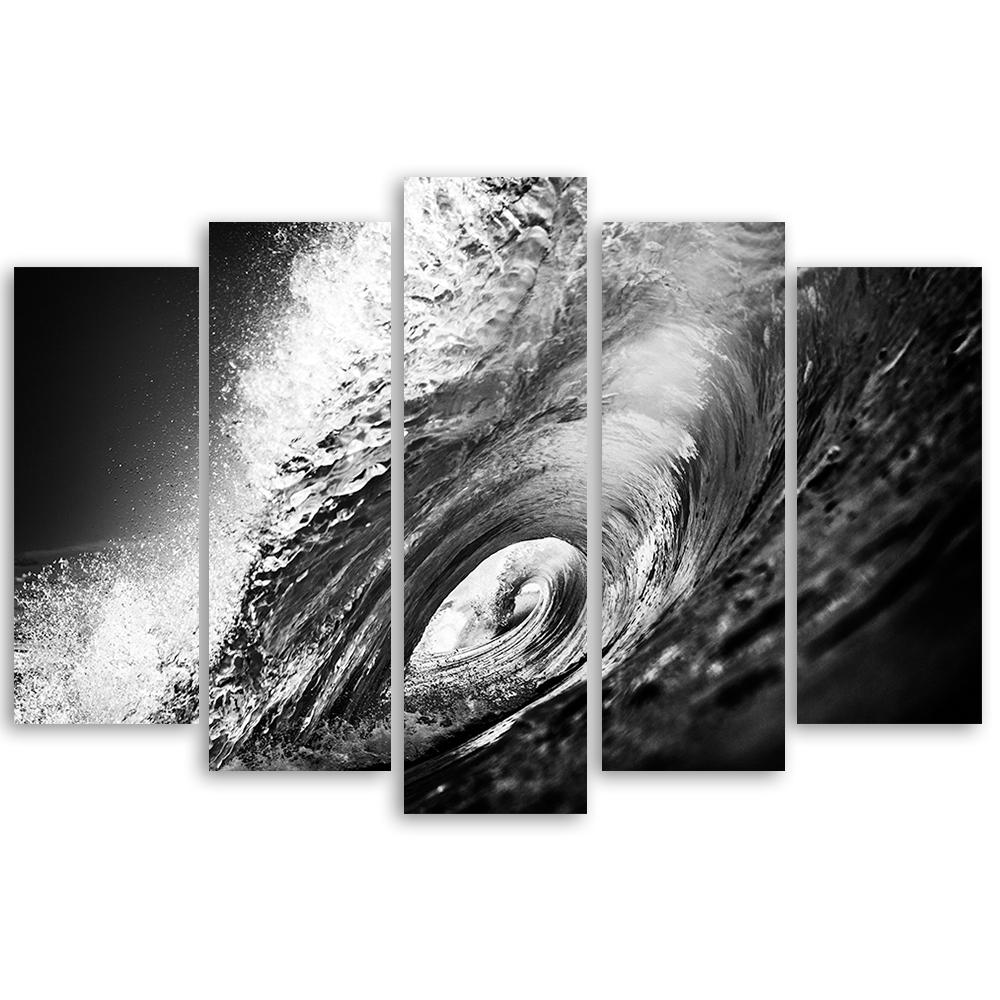 5 stykke lærredstryk Waves Sea Ocean sort og hvid