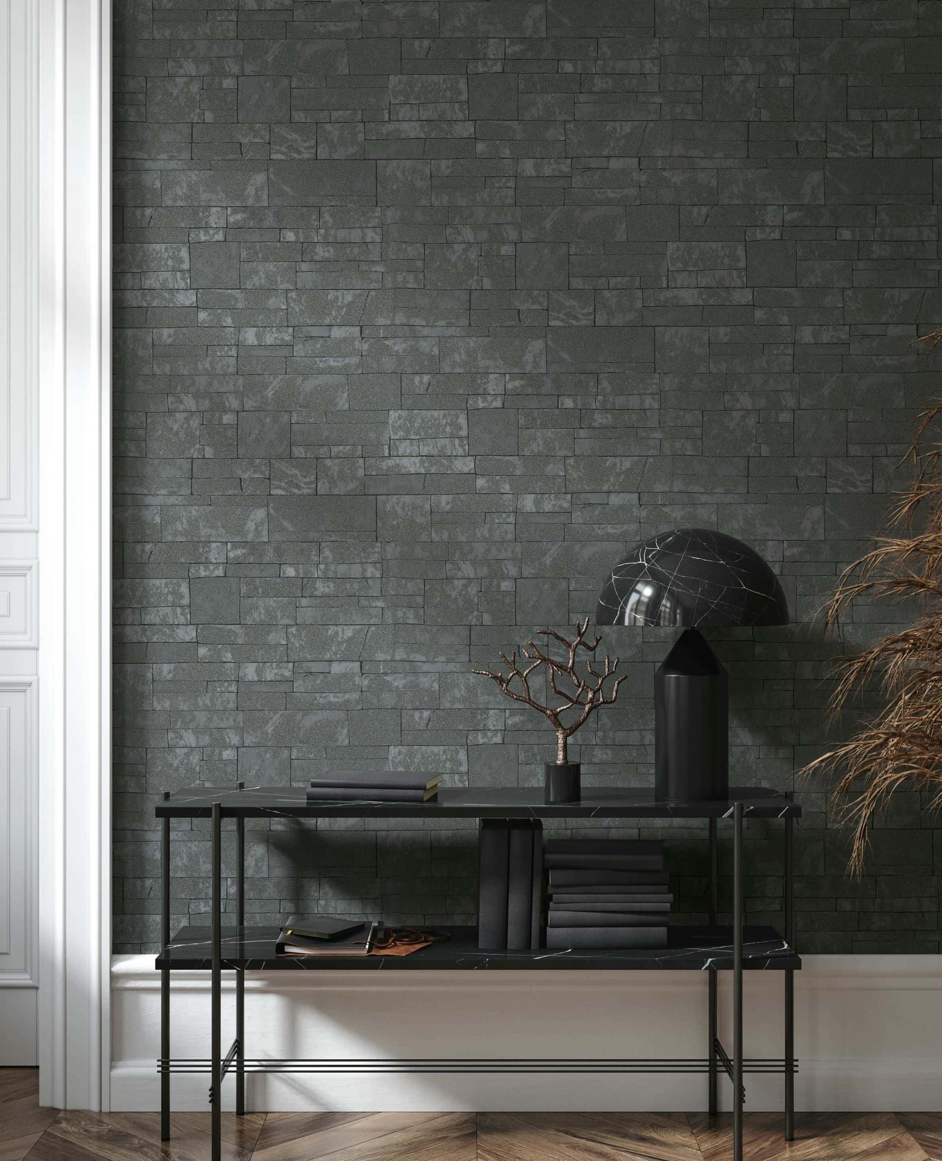 Vliesbehang steeneffect modern, natuur in antraciet