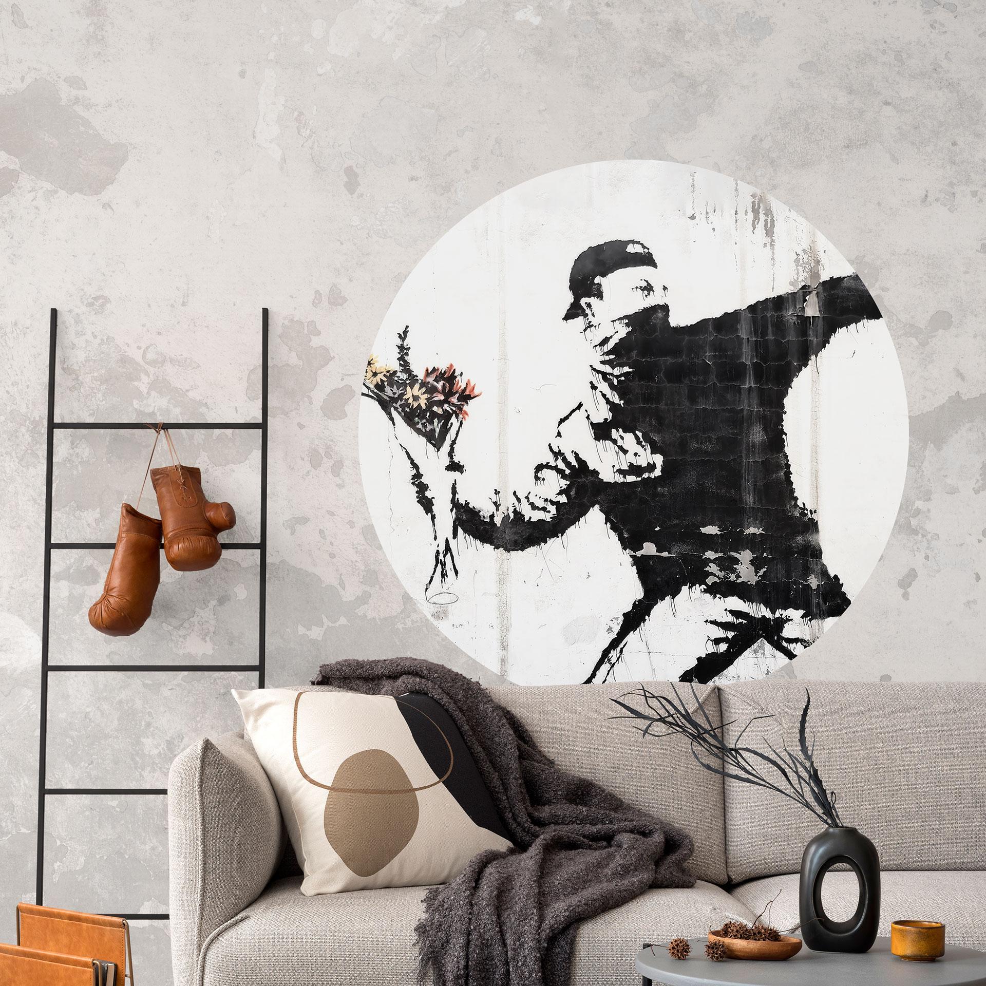 Sticker mural Banksy - Le lanceur de fleurs - Rond