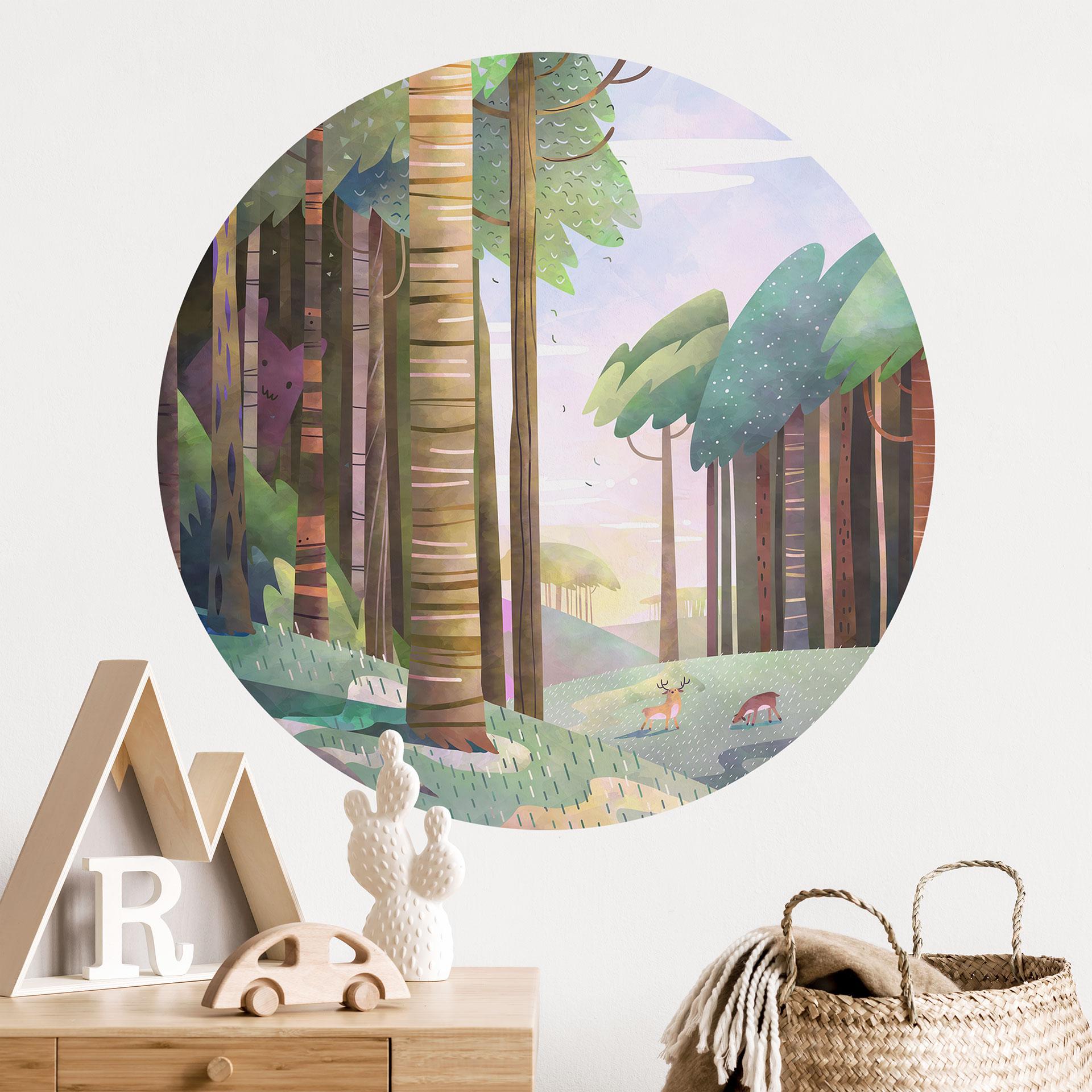 Wallsticker Solrig skov med hjorte - DigitalArtsi - Round