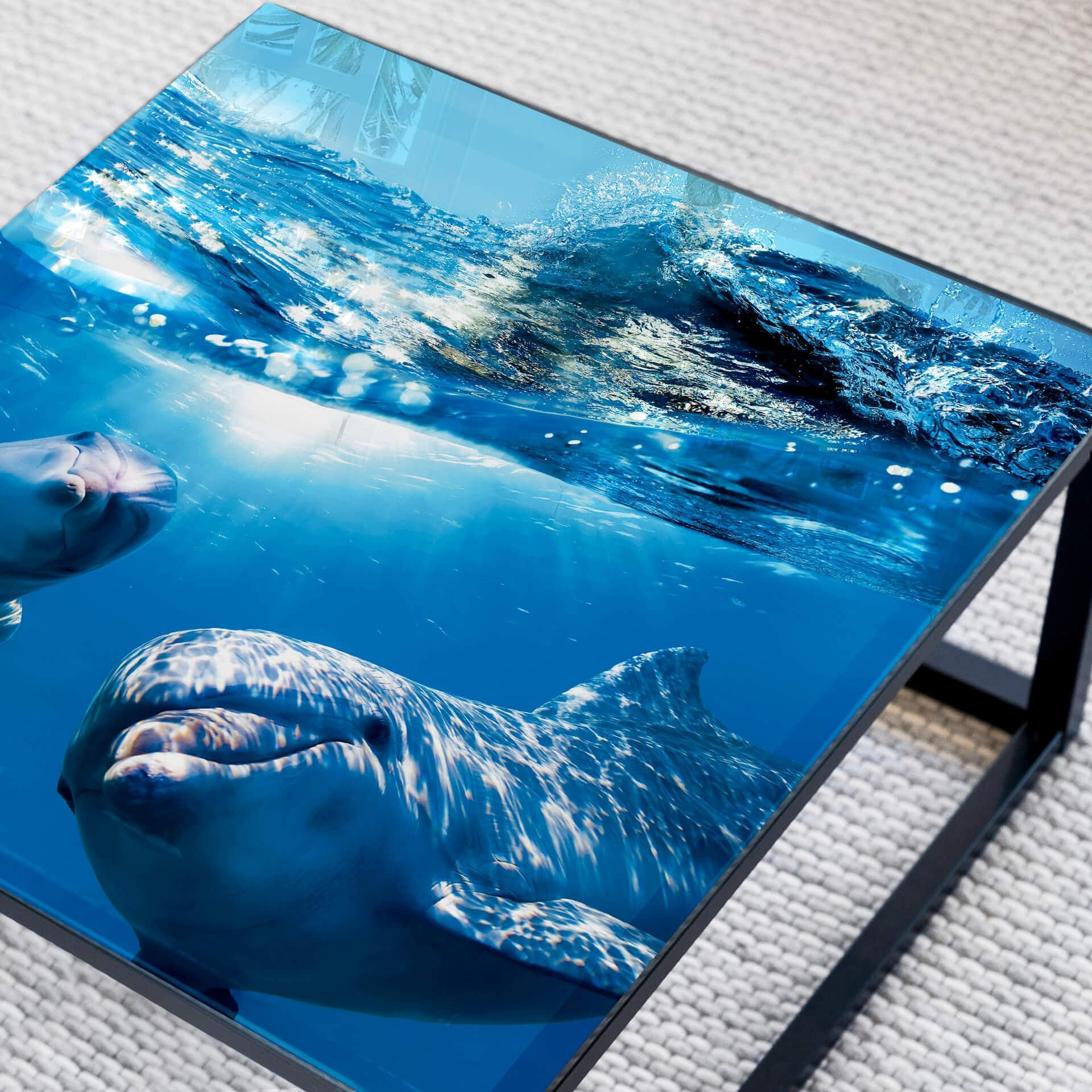 Plateau de table en verre - Dauphins sous l'eau - Carré - 60x60 cm