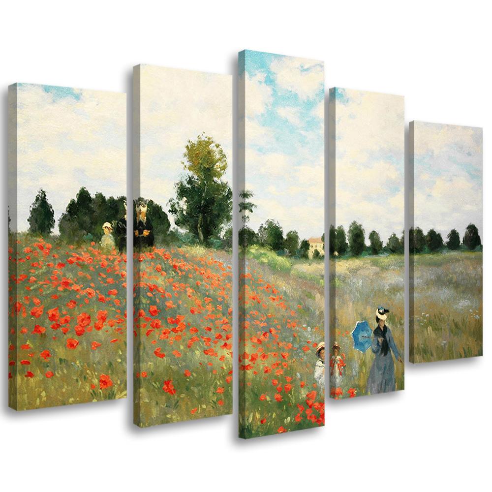5 stykke lærredsprint, Field Of Poppies Claude Monet