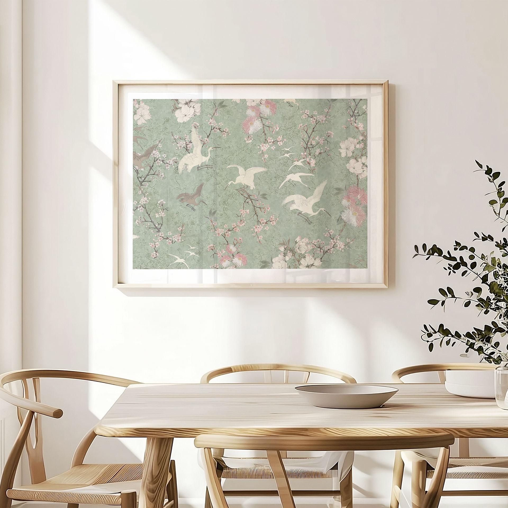 Kraner på plakat i kirsebærblomst Rush Green - Bloomery Decor
