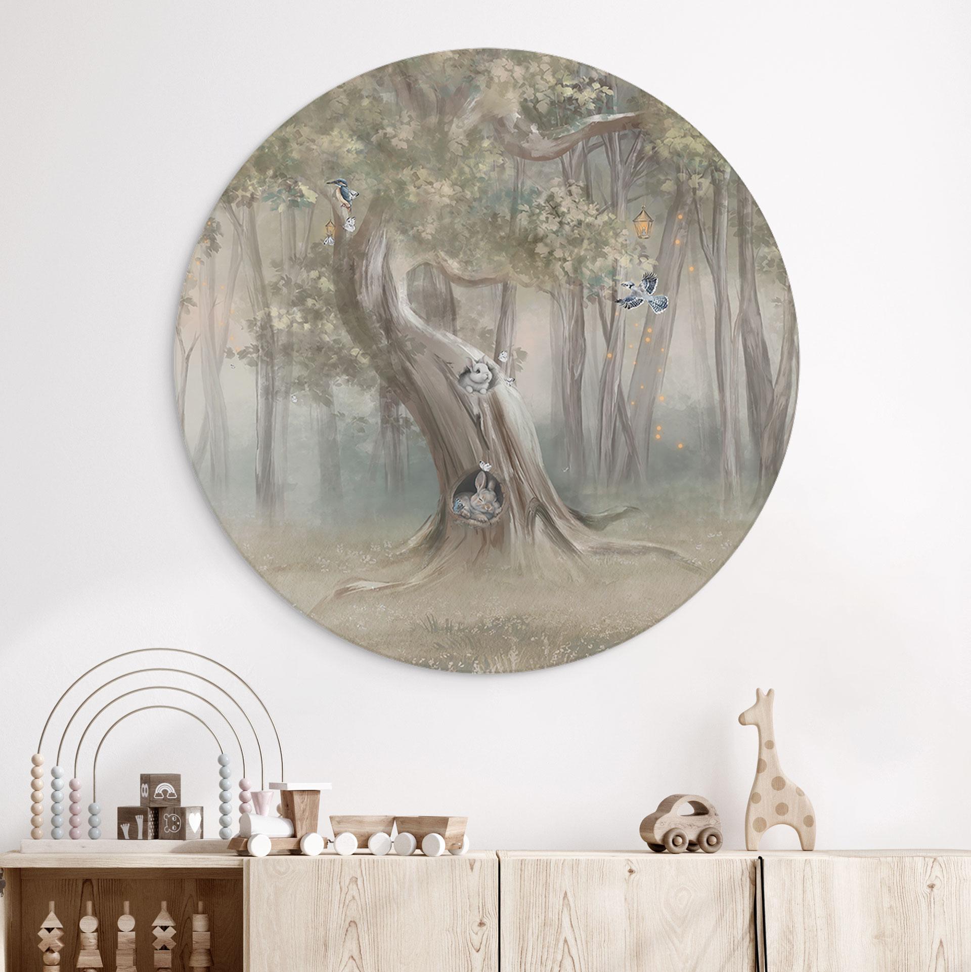 Wanddecoratie schattige bosdieren tussen bomen - Ms Tiff - Alu-Dibond - Rond