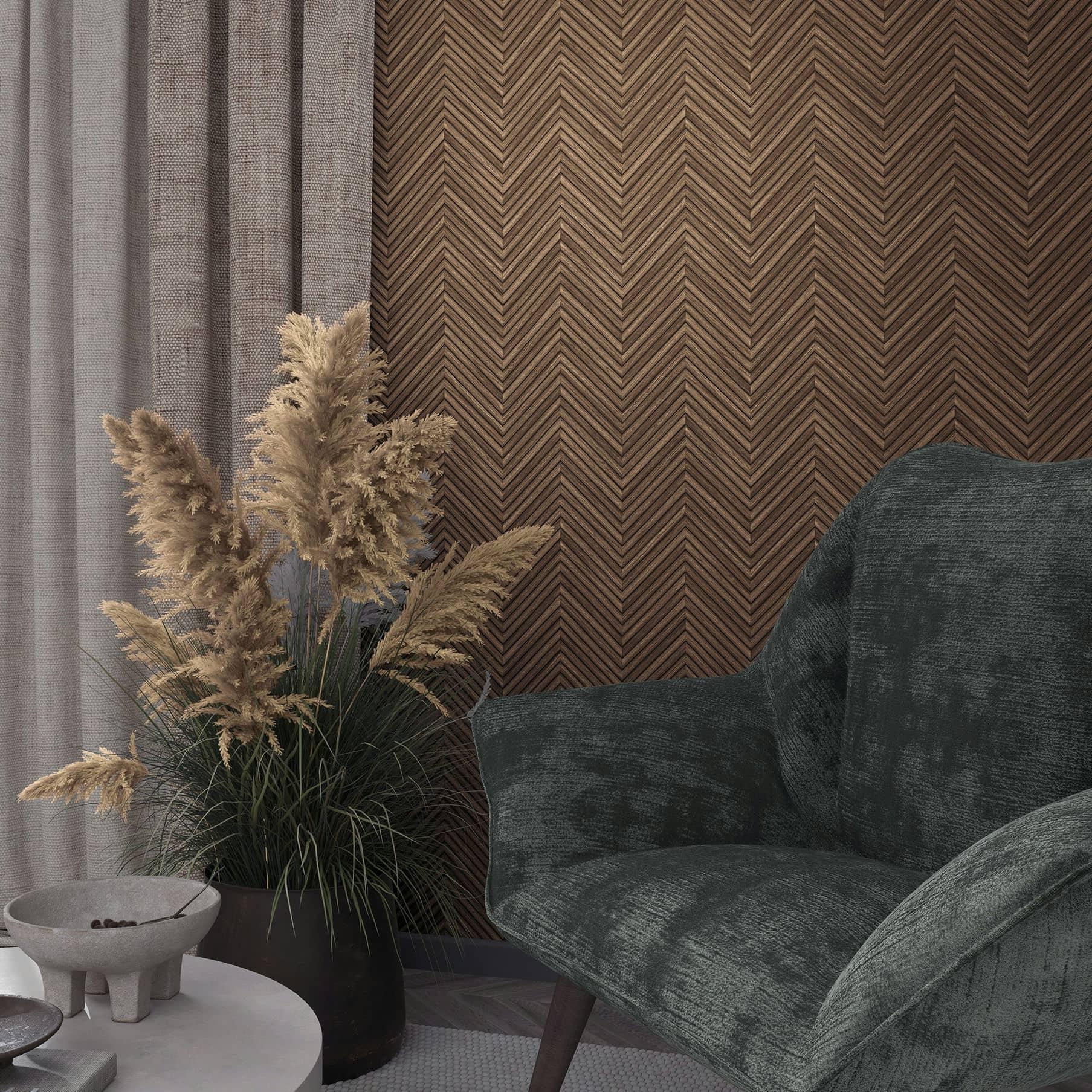 Vliesbehang met visgraatmotief en houtlook bruin houteffect