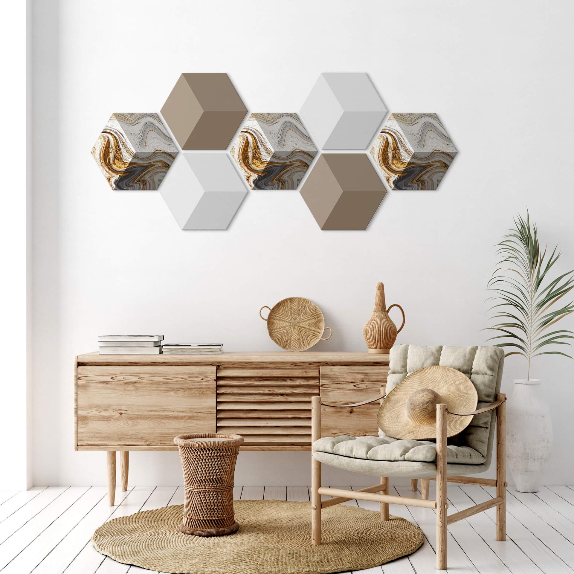 3D Hexagon Alu-Dibond sæt - Golden Struggle (sæt med 7)