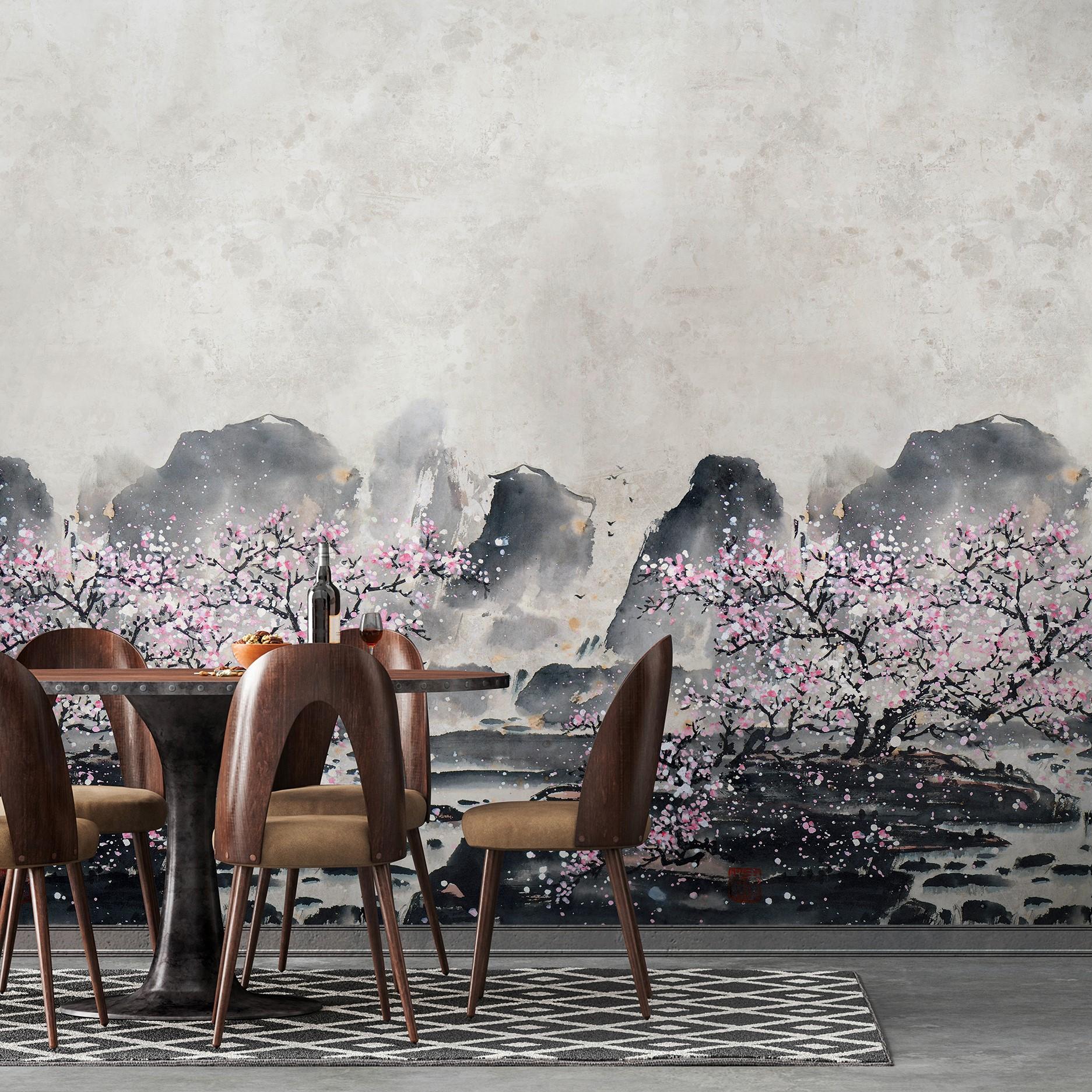 Fotomural Flores de cerezo en la niebla con montañas en tonos grises y rosa suave 2,7 x 2,12 m