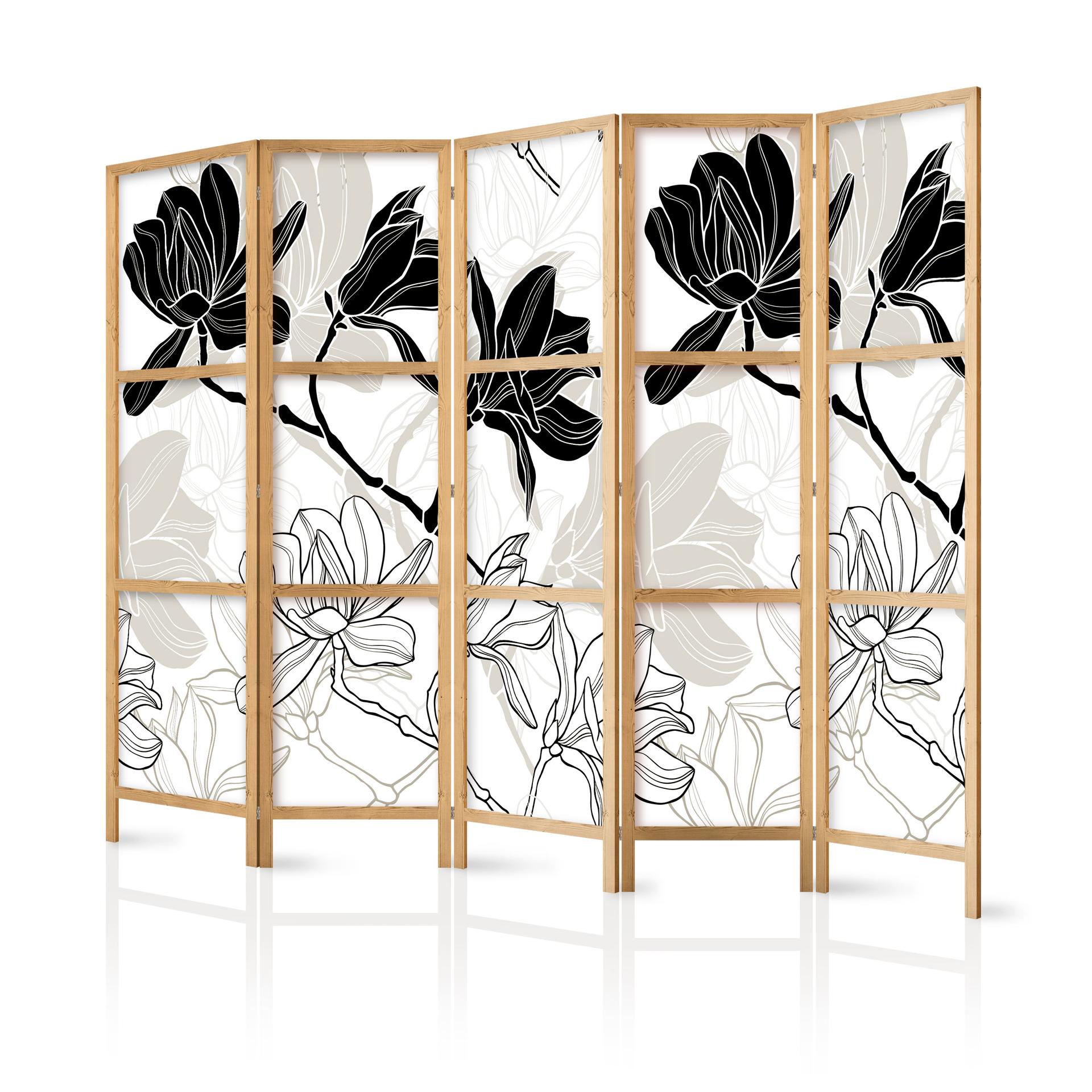 Parete divisoria giapponese - Fiori bianchi e neri, 3 pezzi