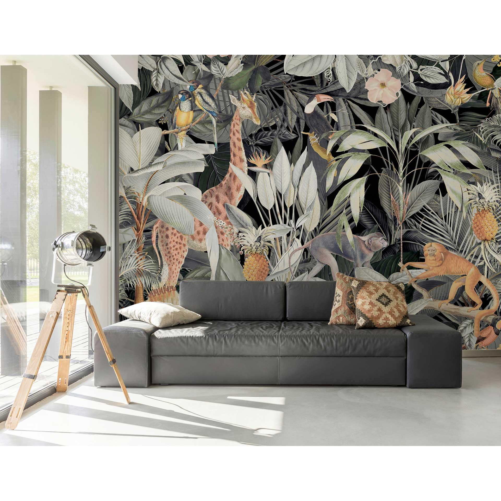 Livingwalls Fototapete ARTist Nostalgic Animals mit Dschungel und Giraffe beige, grün, orange, schwa