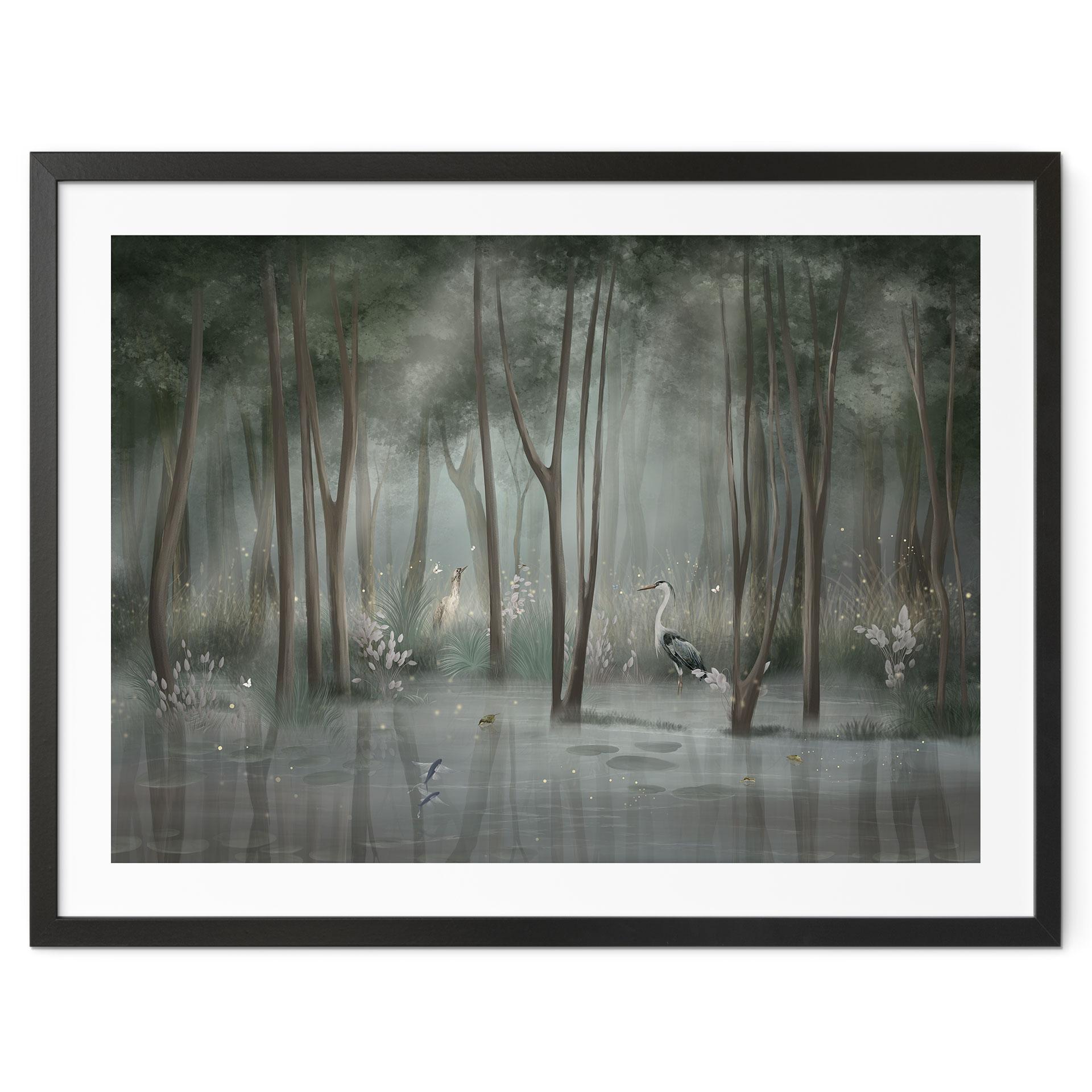 Poster Nebelwald am See mit Reiher in Grün - Ms Tiff