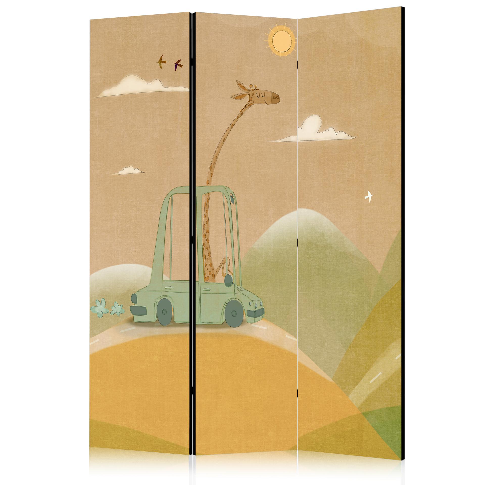 Paravent, Raumteiler freistehend, Trennwand - Dreamy Traveler: Giraffe Driving a Car