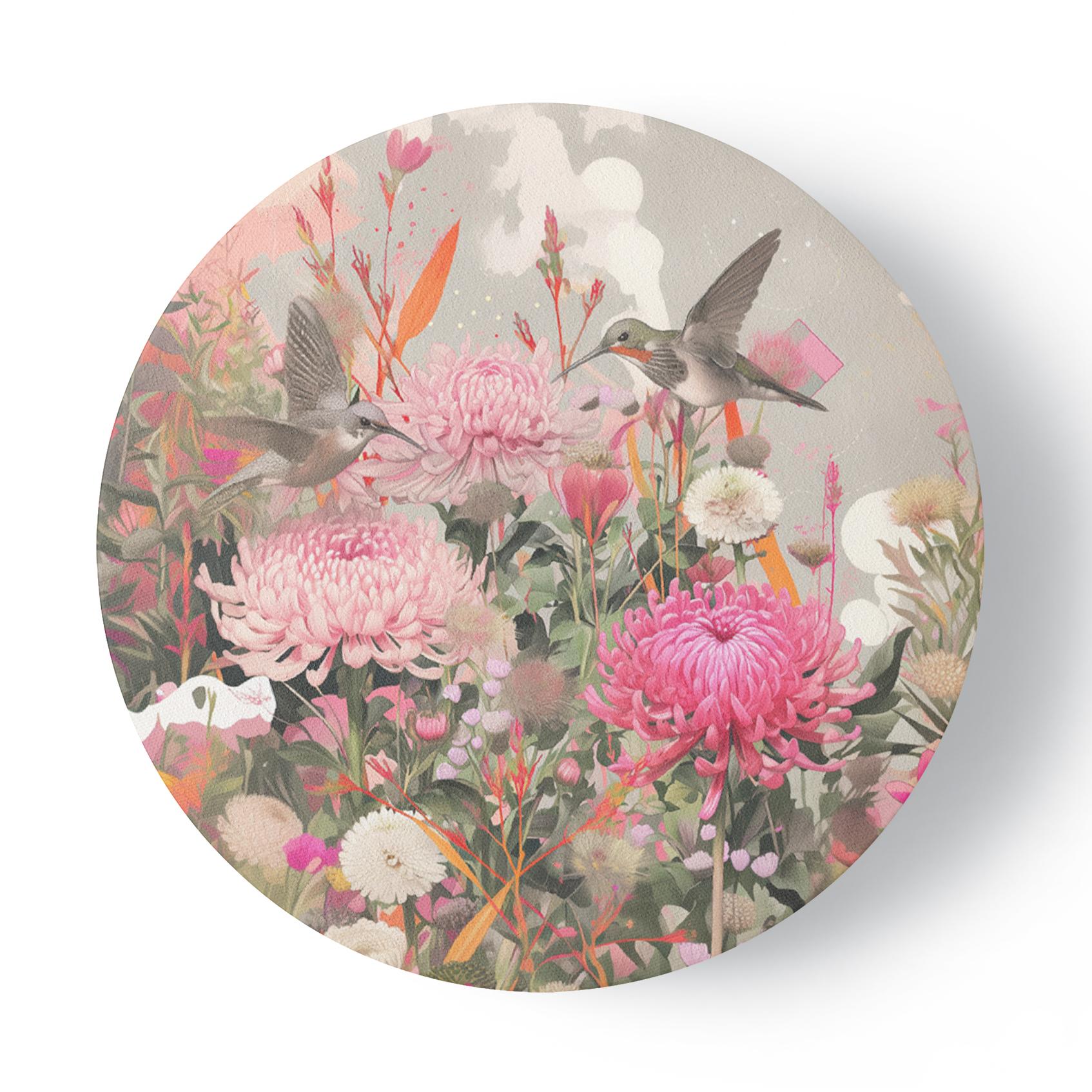 Rundes Leinwandbild Kolibris und Blumen auf dem Feld