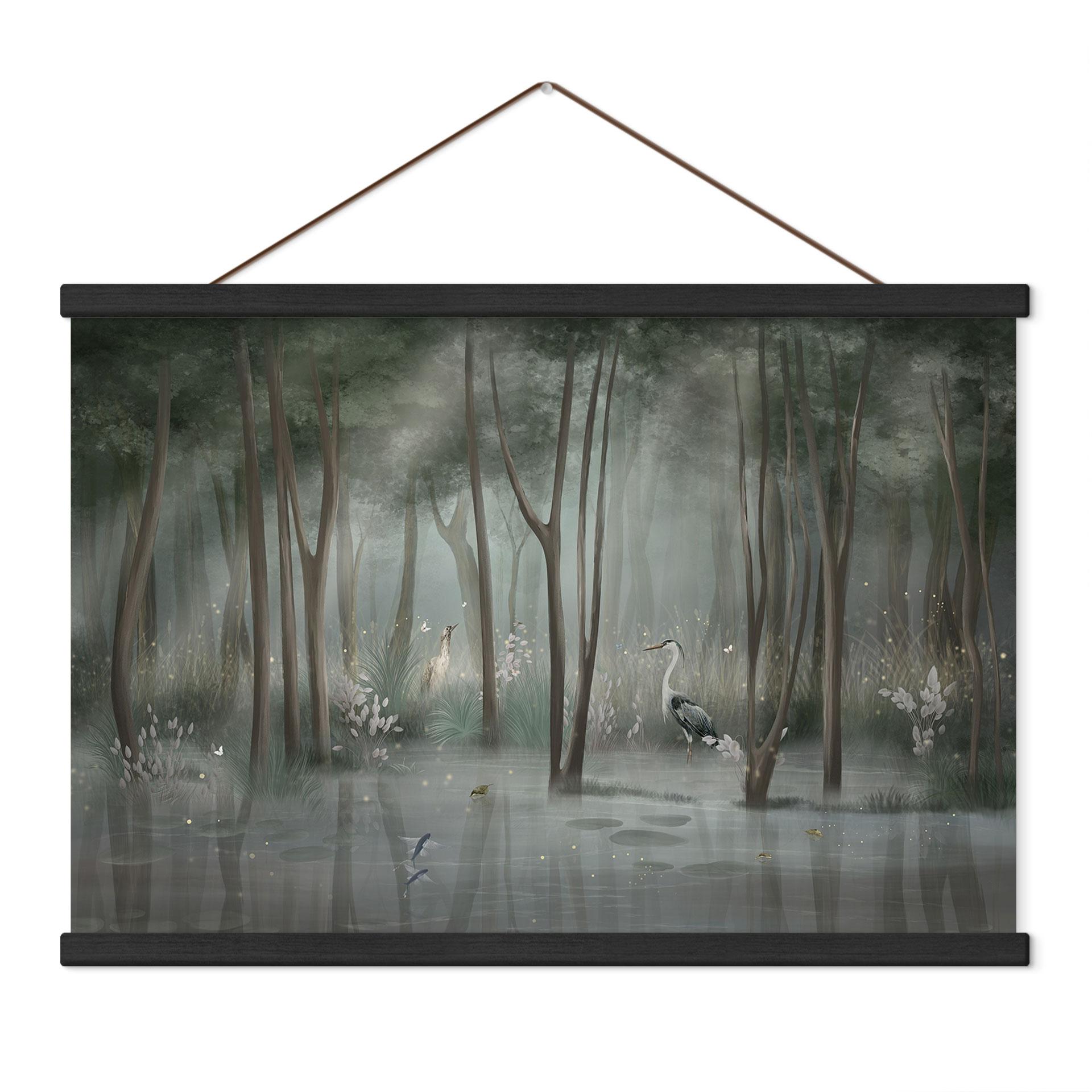 Textielposter Mistig bos aan het meer met reiger in groen - Ms Tiff
