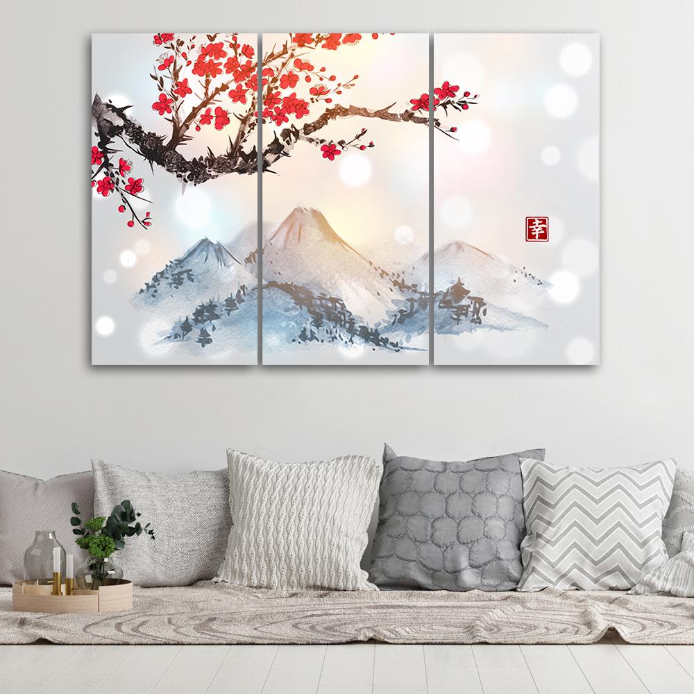 3 stykke lærredstryk, Japan Cherry Blossom Mountains
