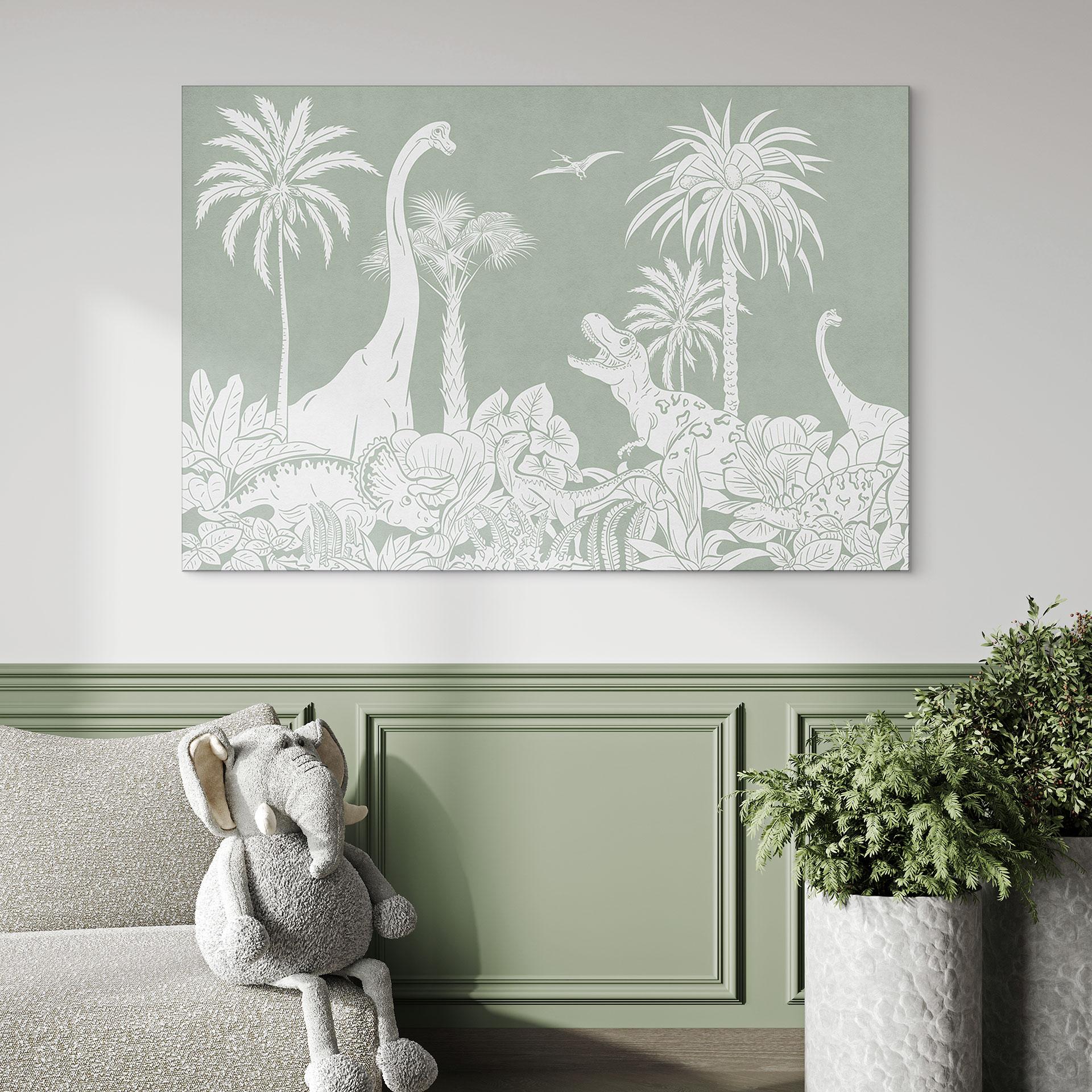 Wandbild Grüne Urzeitwelten - Dinosaurier unter Palmen - Kikki Belle - Alu-Dibond