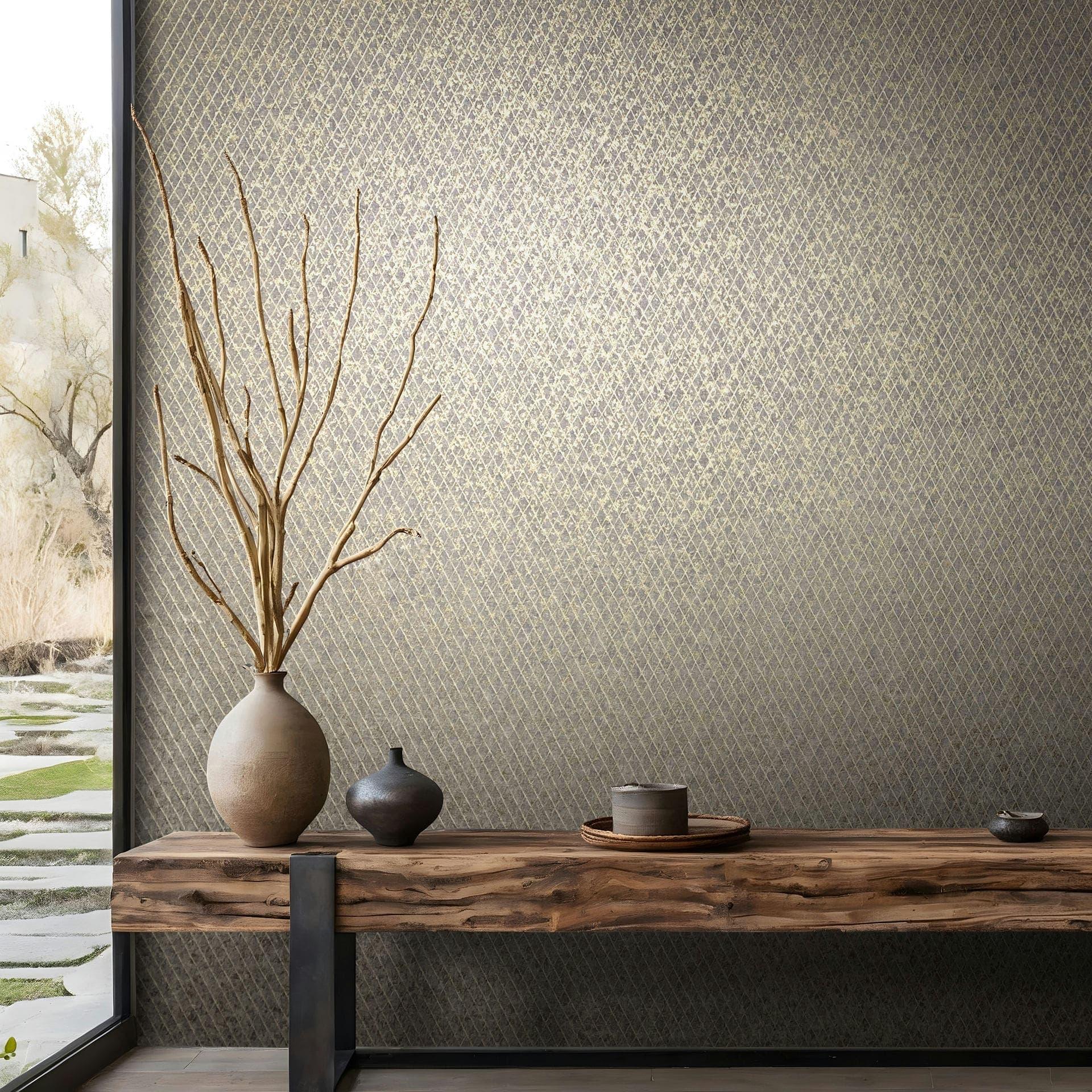 Non-woven tapet i sort, guld diamantmønster grafisk geometrisk