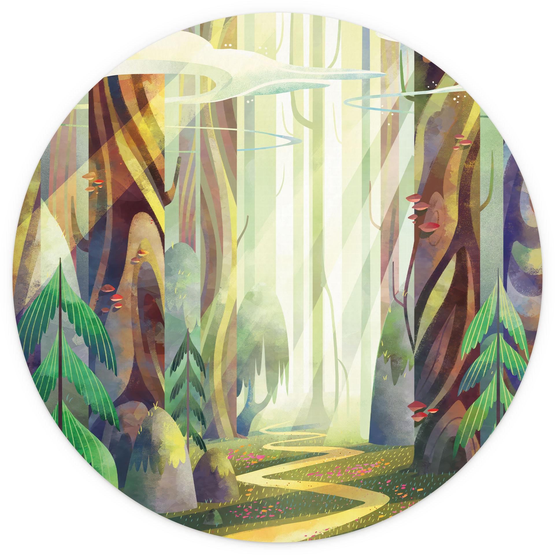Kinderbehang Fotobehang Betoverd bos in het licht - DigitalArtsi - Rond - zelfklevend/niet-geweven