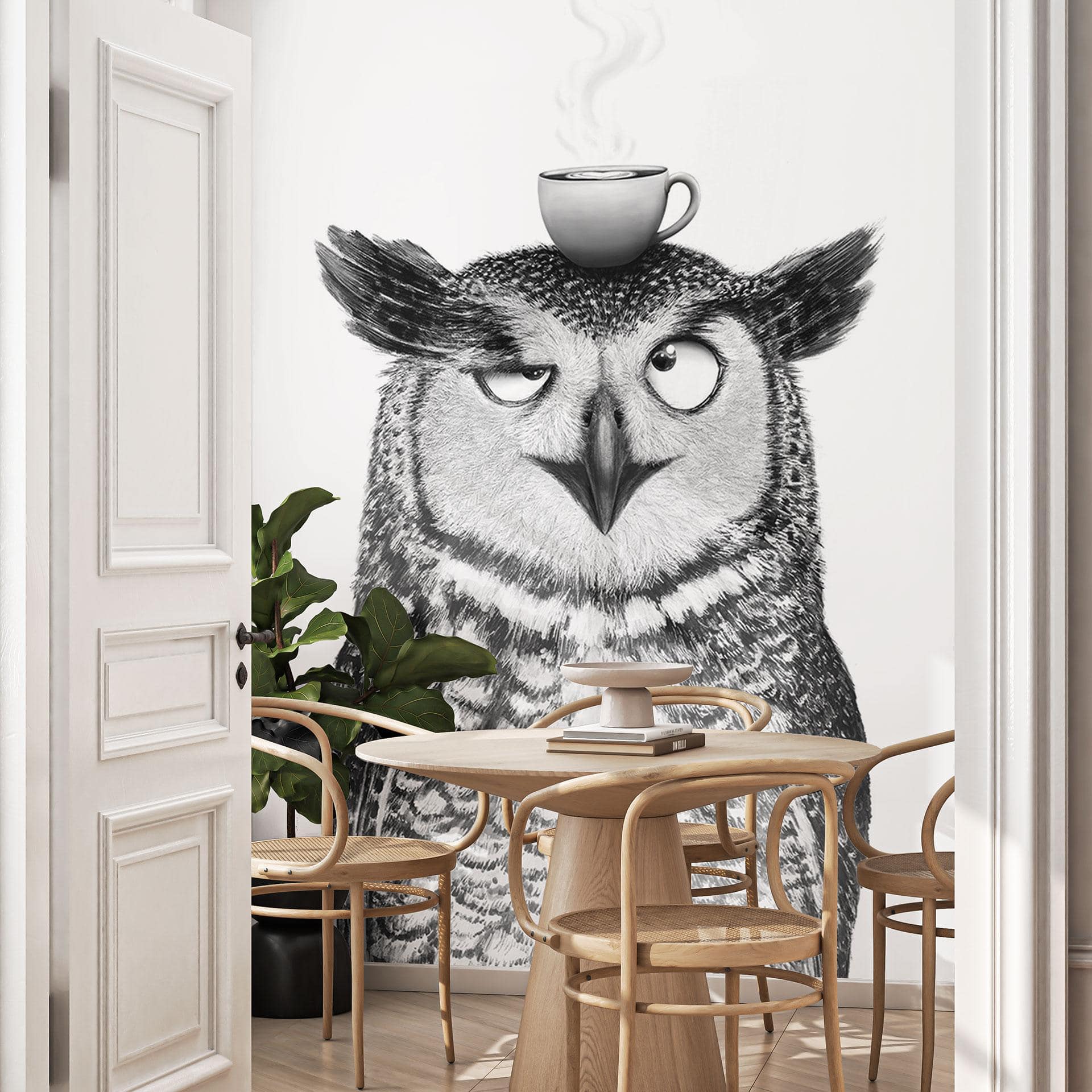 Fototapet Rolig uggla med kaffe - Korenkova