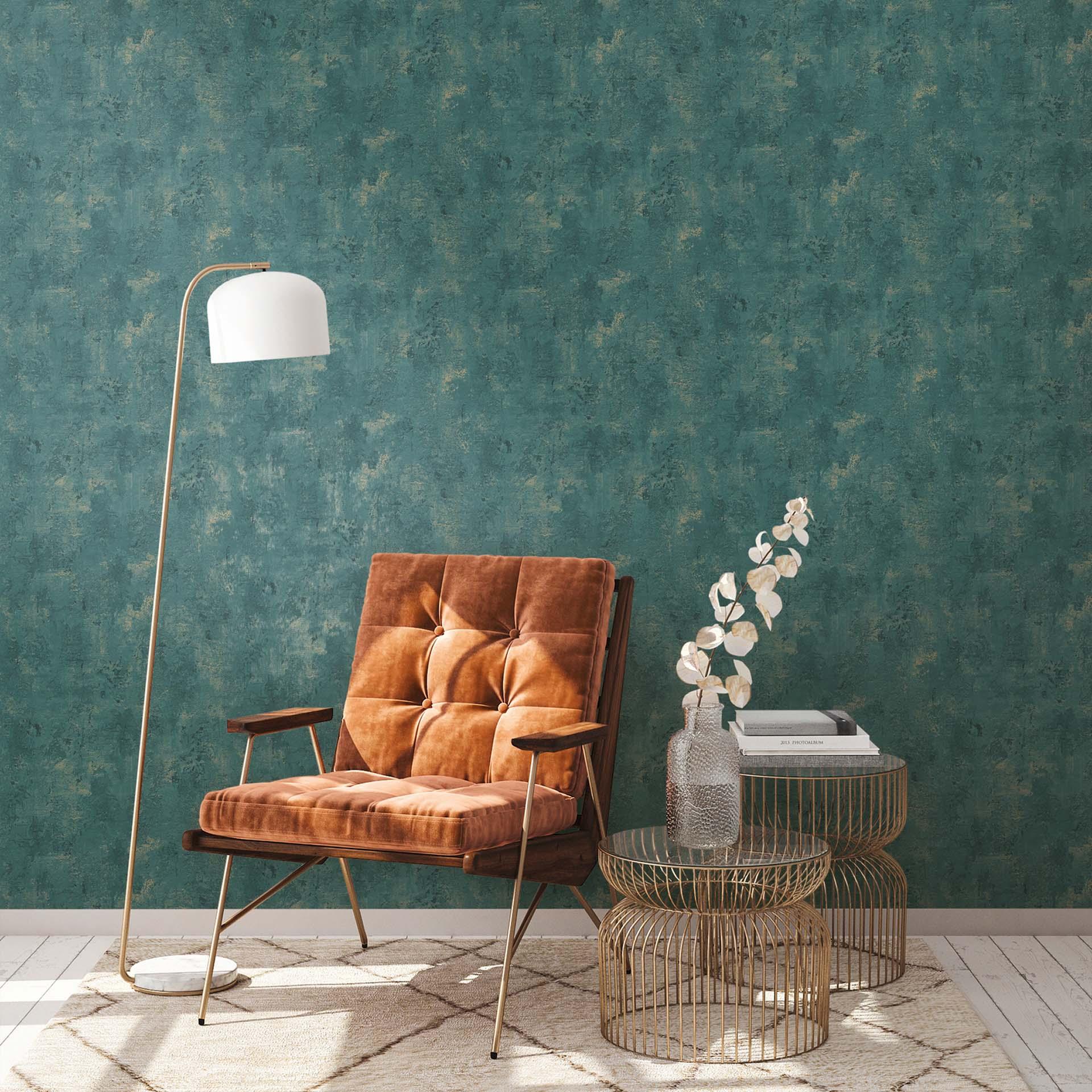 A.S. Création non-woven tapet BOS - sten look puds look petrol, guld
