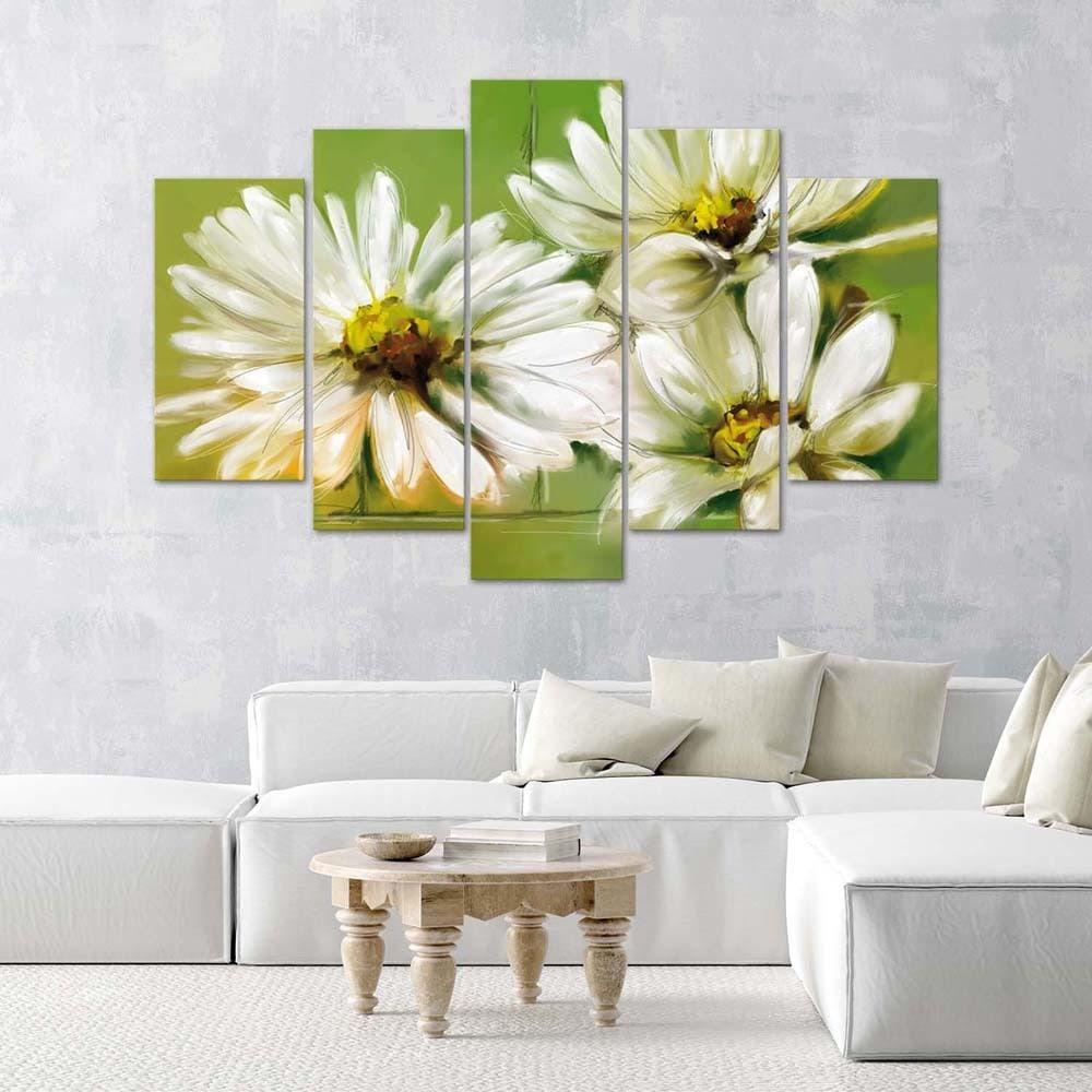 5 stykke lærredsprint, hvide tusindfryd blomster