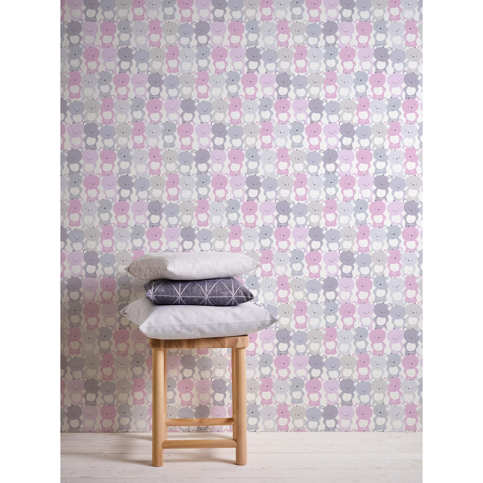 Sødt børnetapet med bjørnemønster i grå og pink Made in Germany Little Love