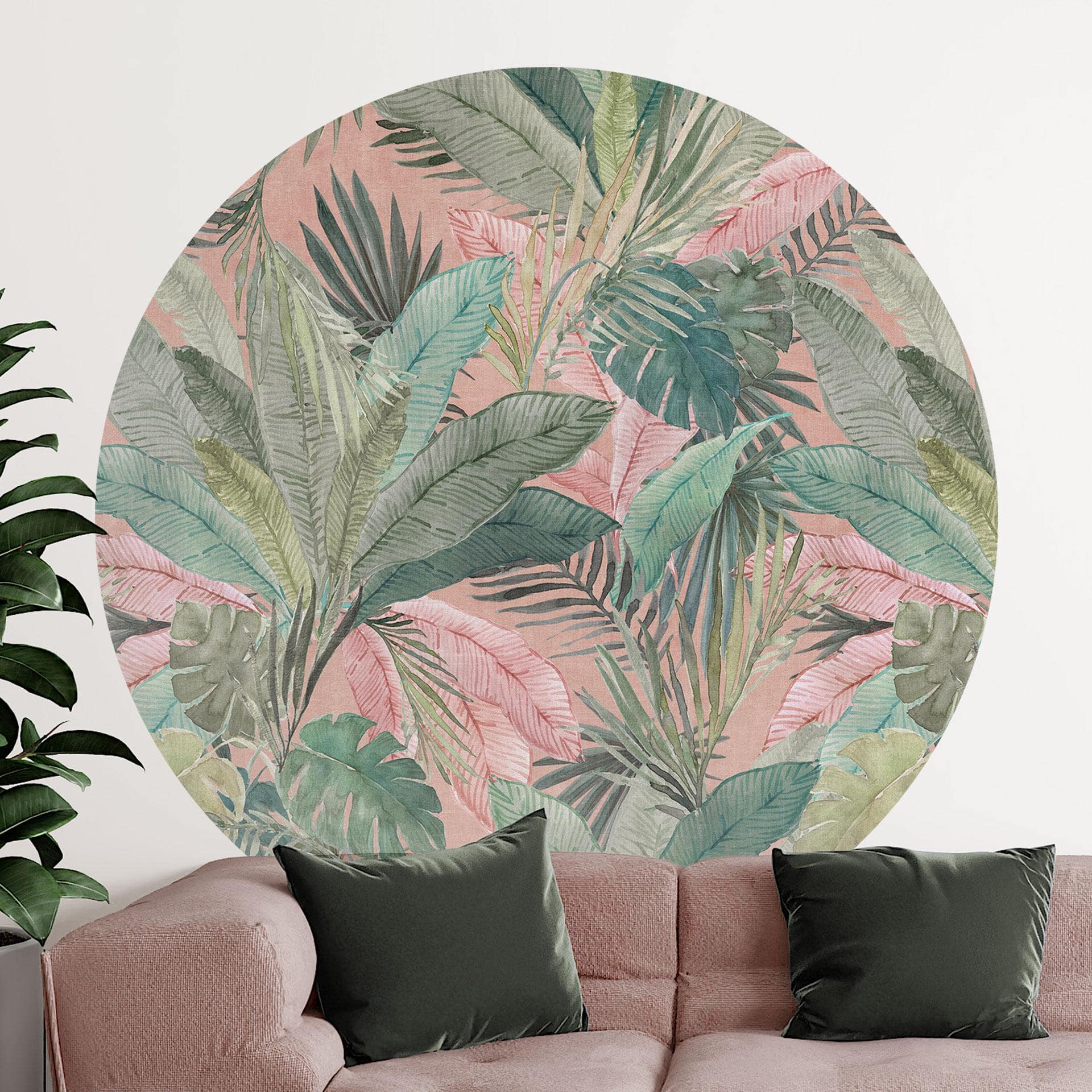 Tropiske blade i junglens lyserøde Wallsticker - Bloomery Decor - Round