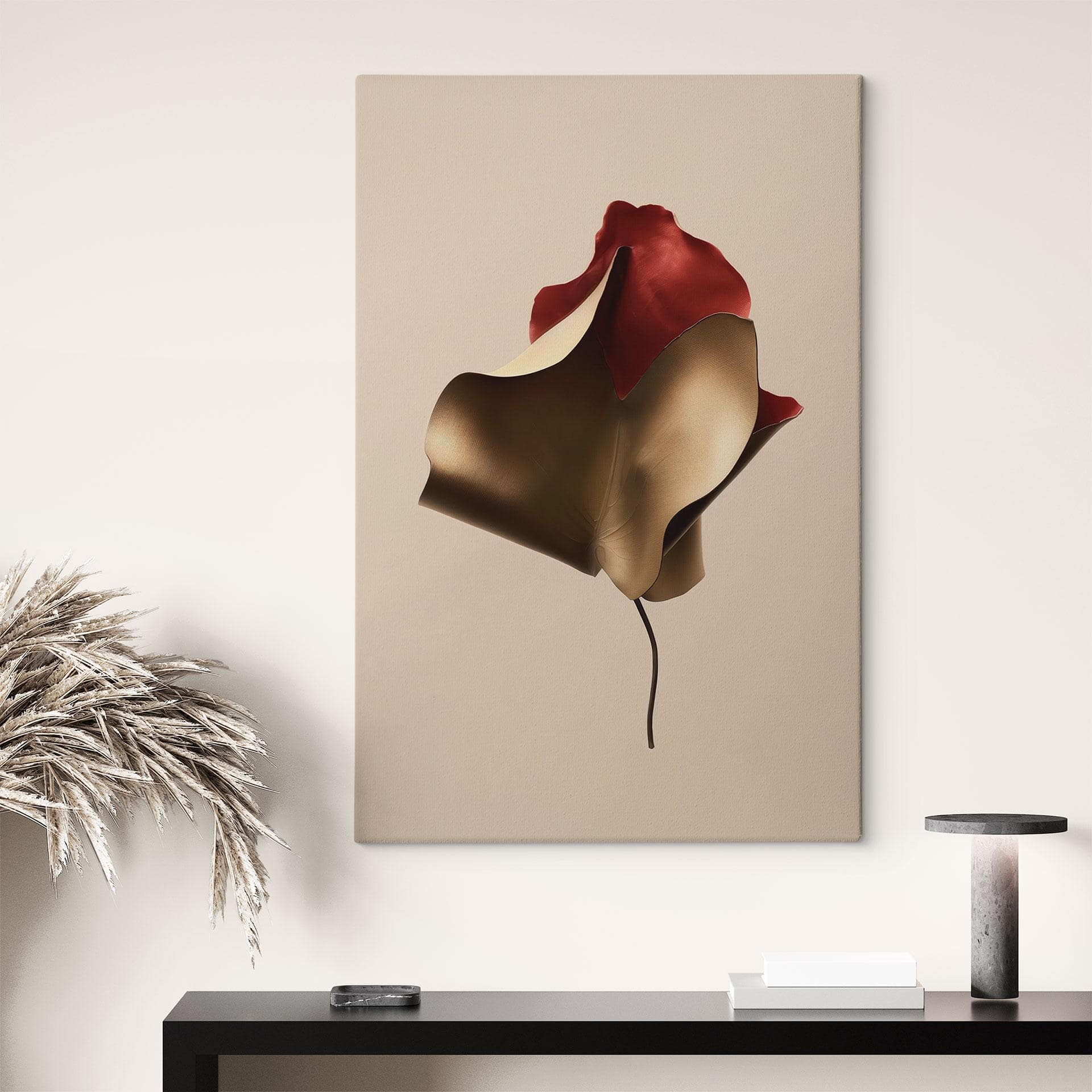 Canvas schilderij Sierlijk blad in goud en rood - Alma