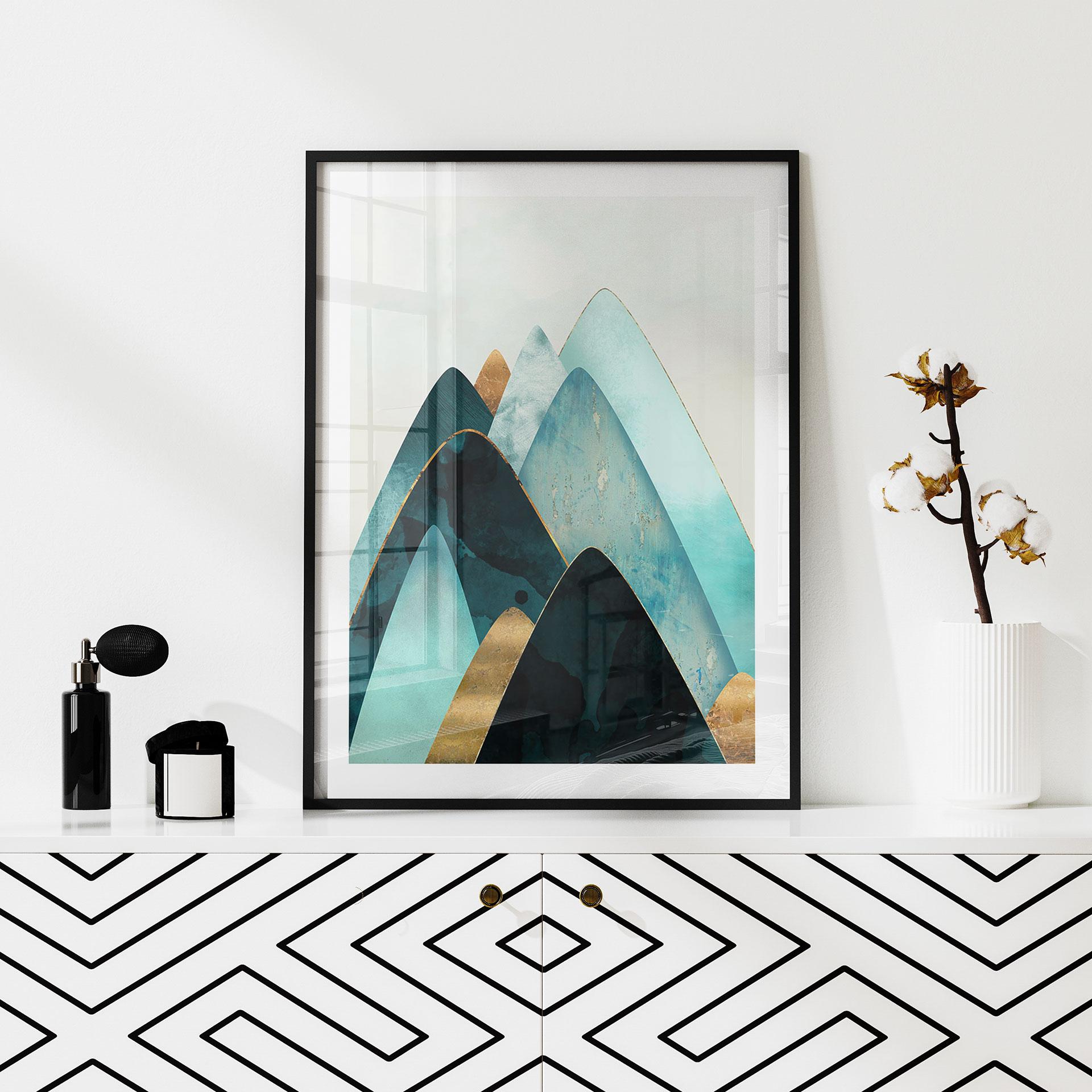 Plakat Abstrakte bjerge i guld og blå - SpaceFrog Designs