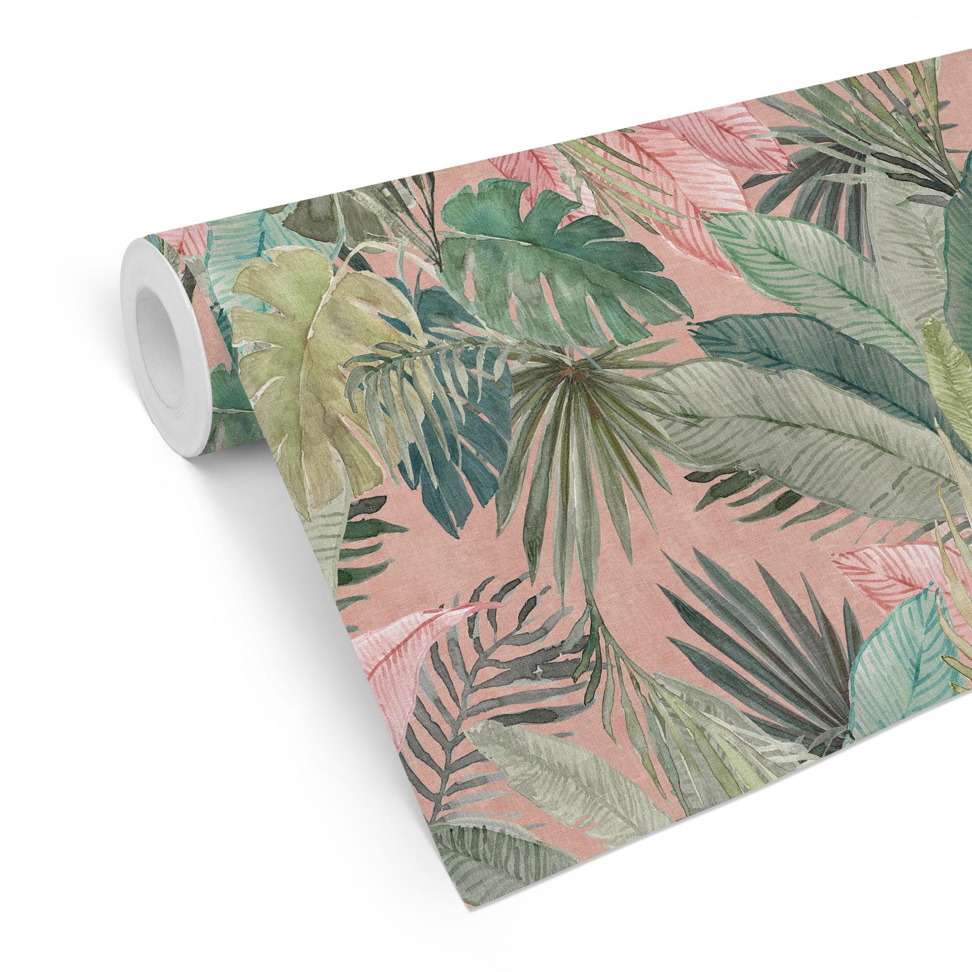 Tapet med mønster og bladdesign - tropiske blade i junglens lyserøde farve - Bloomery Decor