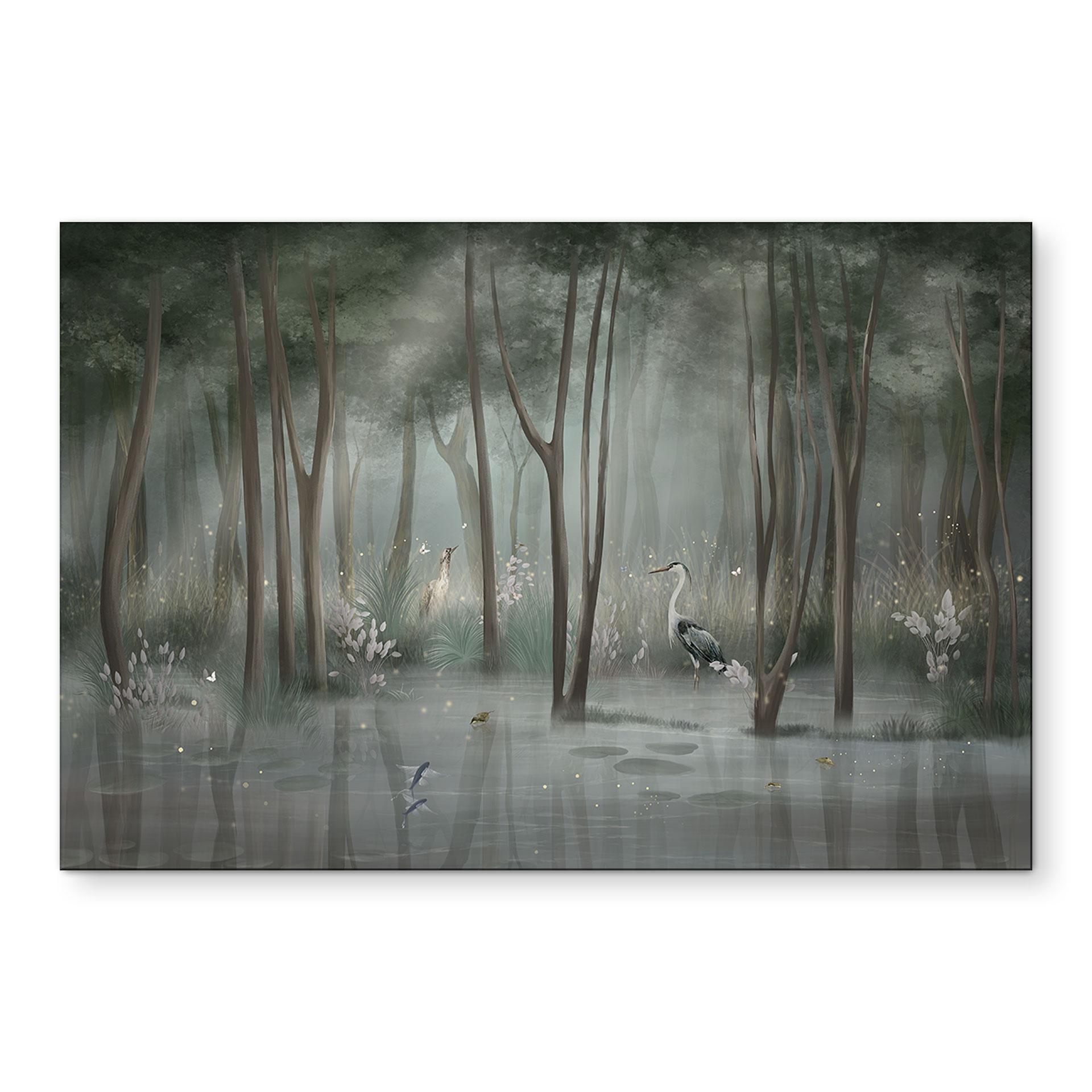 Wandbild Nebelwald am See mit Reiher in Grün - Ms Tiff - Alu-Dibond