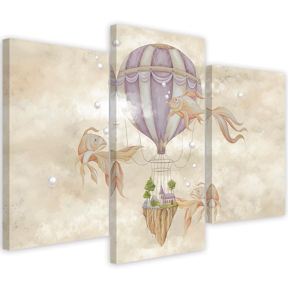 Lærred print 3 stykker, luftballon flyvehus og fisk