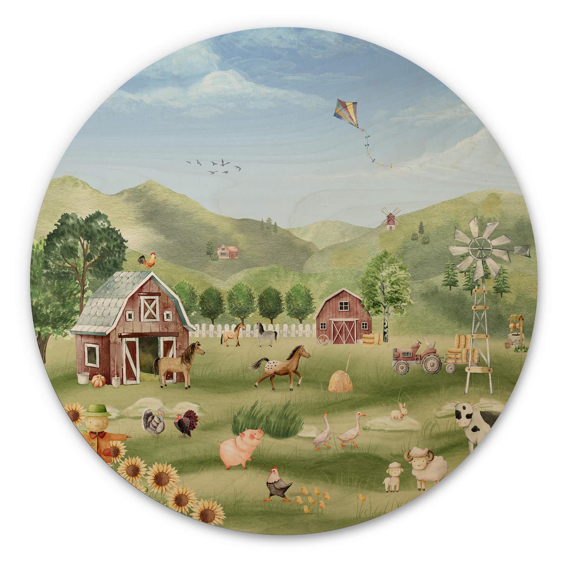 Væg cirkel træ Oliver Robins - Farverig bondegård med dyr