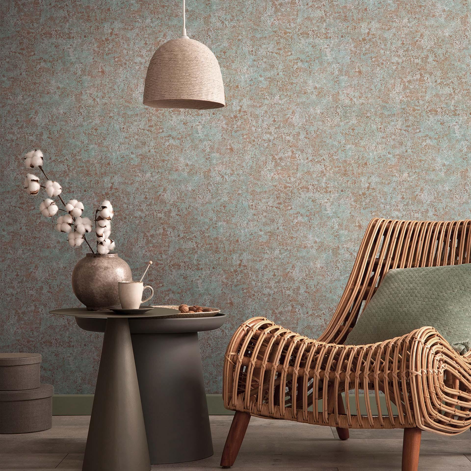 behang koper vliesbehang licht glanzend roestlook industrieel gipslook metallic