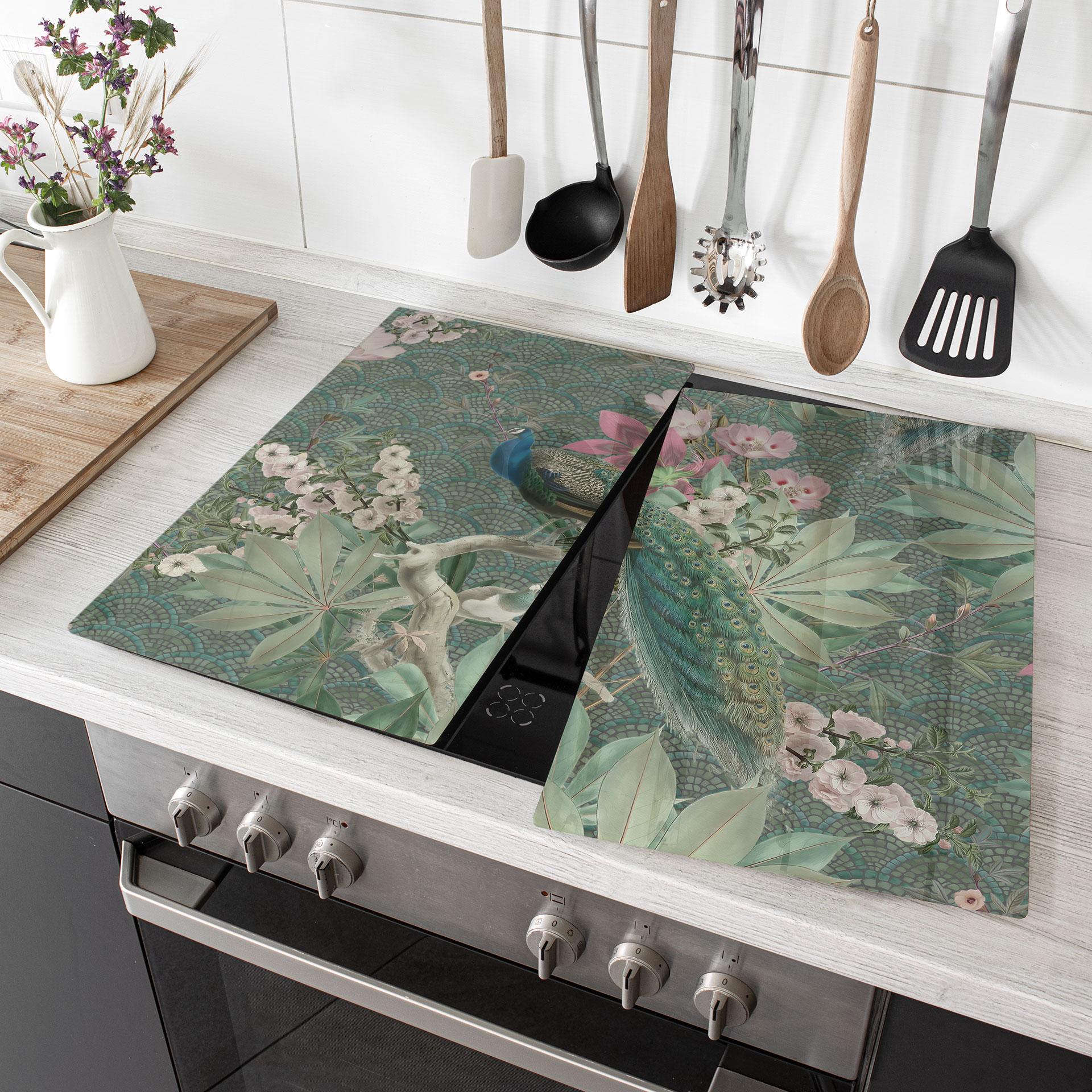 Kogeplade med påfugl i tropisk have på mosaik - Bloomery Decor
