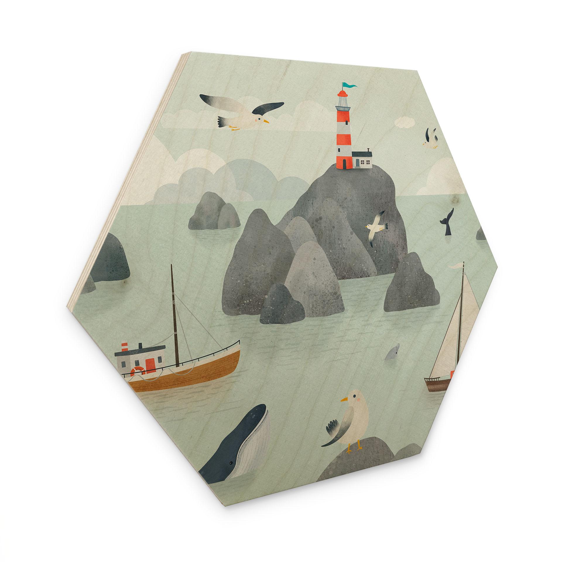 Hexagon Houten Wanddecoratie Maritiem Kustmotief met Vuurtoren - Oliver Robins