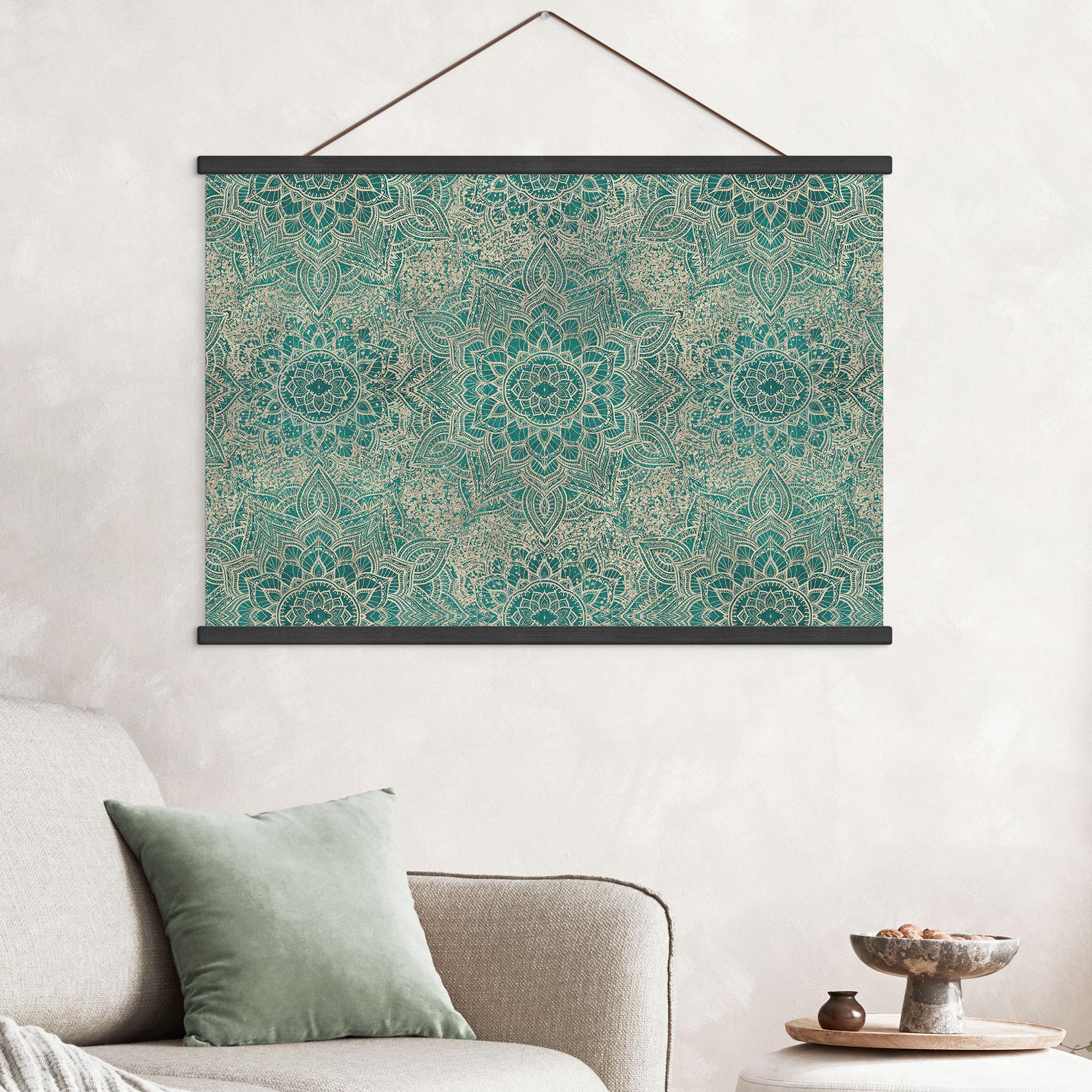 Obraz tkaniny Mandala boho złoto-turkus - Bloomery Decor