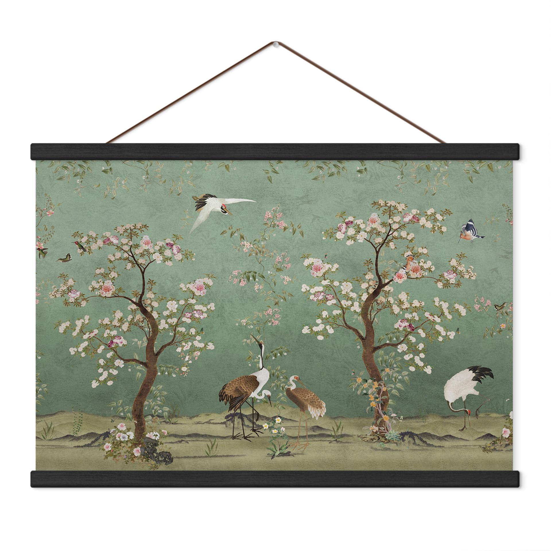 Textielposter Kraanvogels in bloemrijk landschap - Bloomery Decor