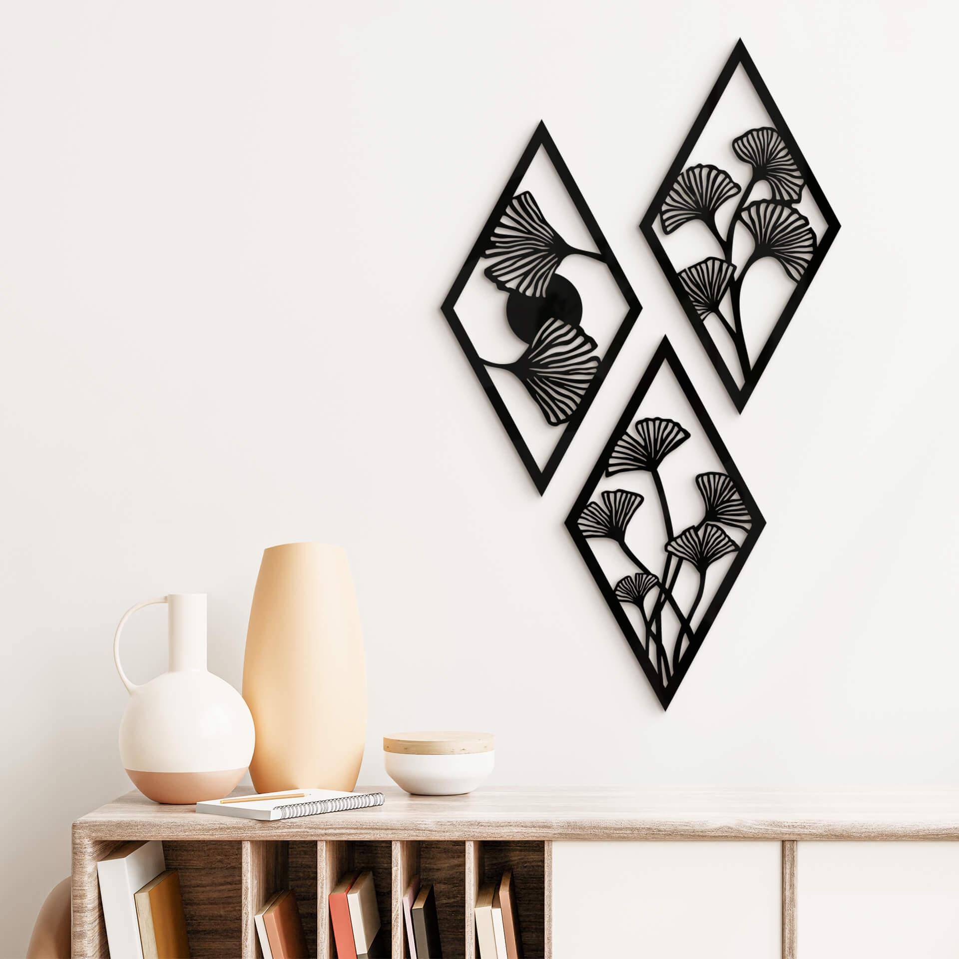 Decoración de pared Juego de hojas de Ginko - forma de diamante - vidrio acrílico (3 piezas)