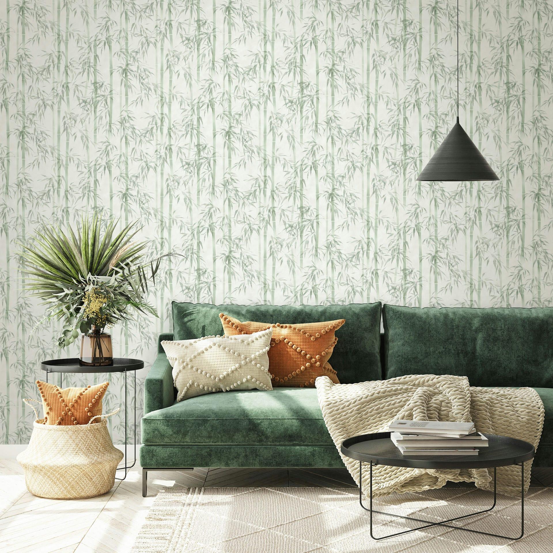 Non-woven tapet med grønne bambusblade og blomster i naturen