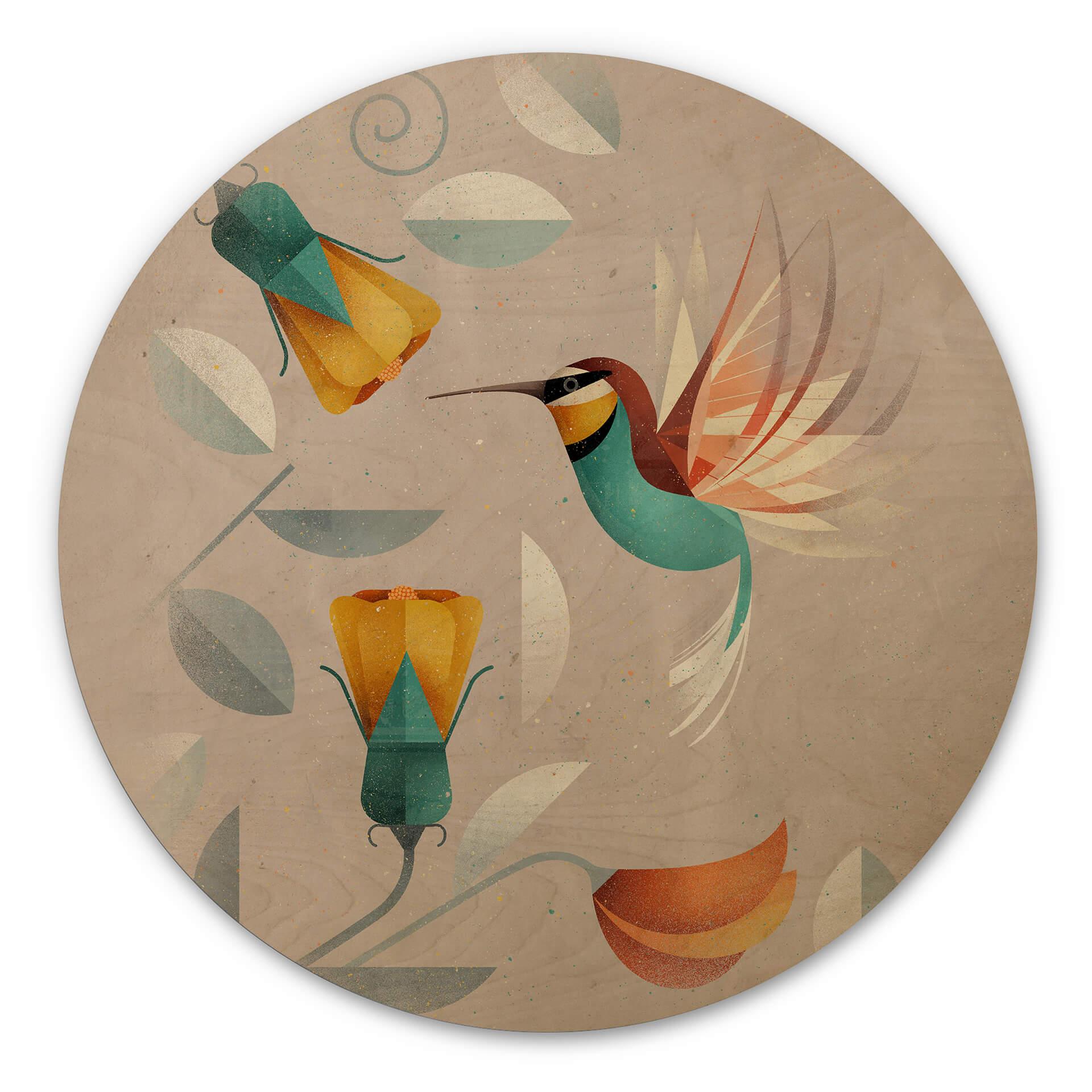 Billede af træ fuglemotiv - Kolibri rund - Brun