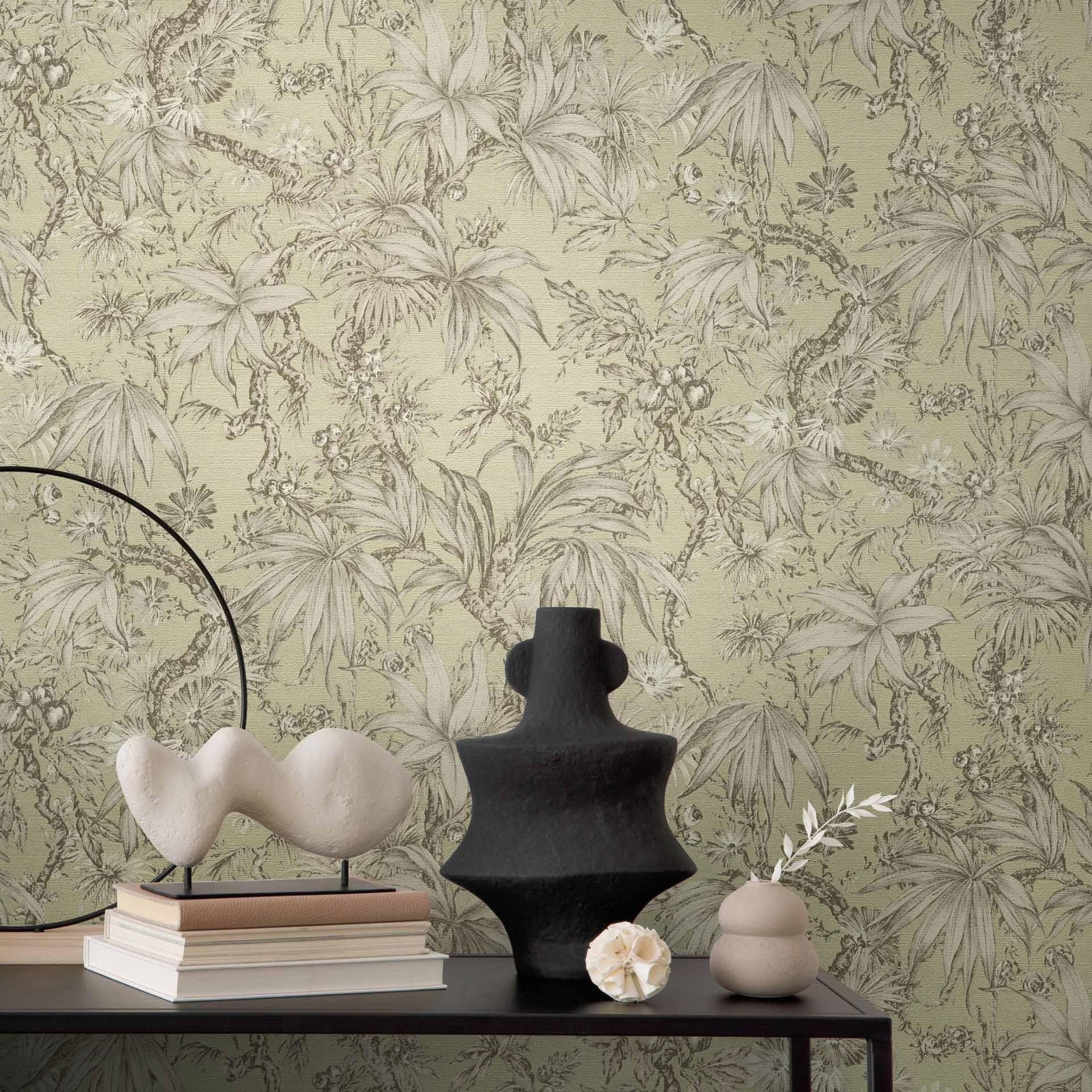 Botanisk tapet grøn beige - eksotisk Ikke-vævet tapet med blade - tapet med mønster