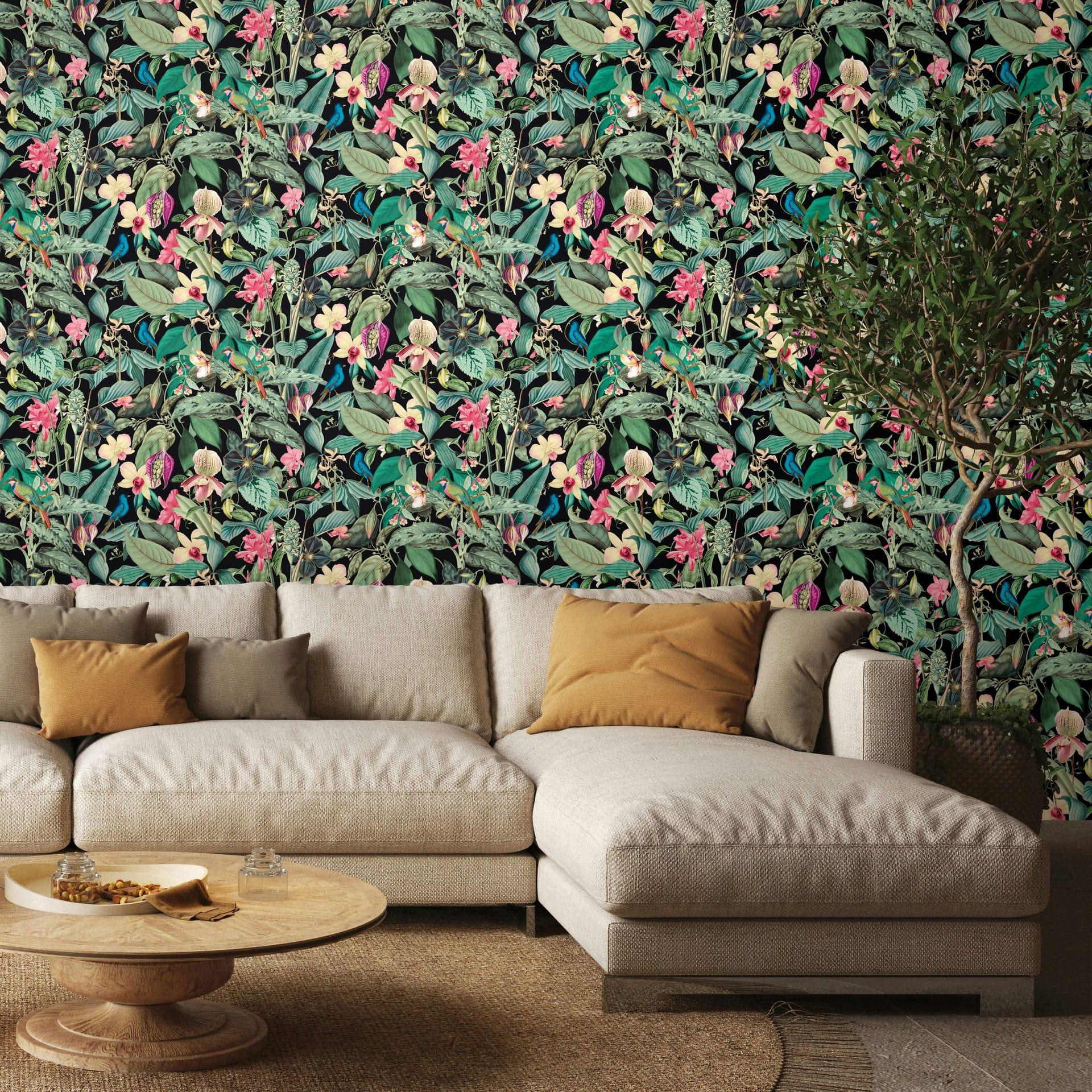 Non-woven tapet i sort, grønne blade blomster blomster natur