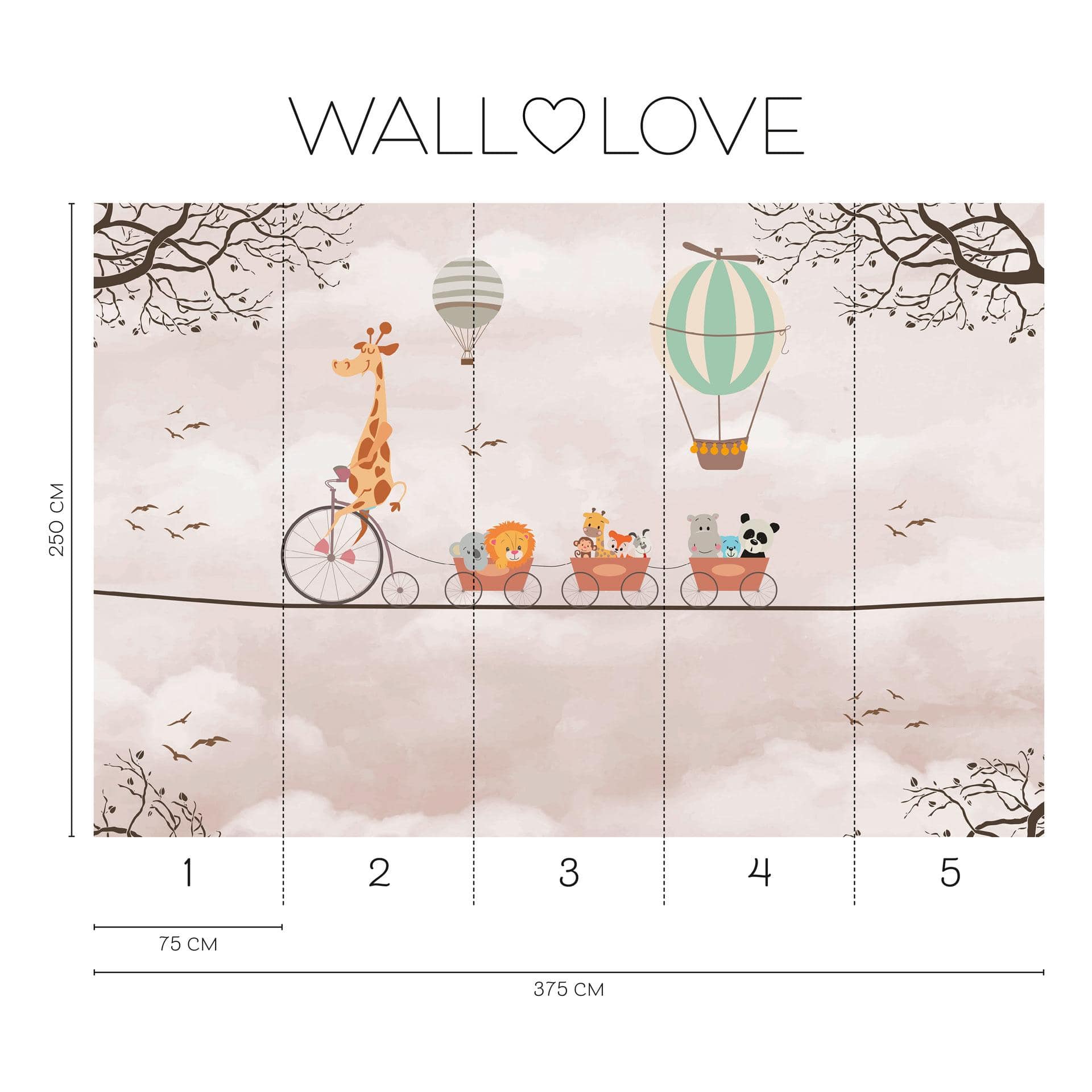 Animali sul treno rosa beige 3,75 x 2,50 m - Fotomurale per bambini con mongolfiera