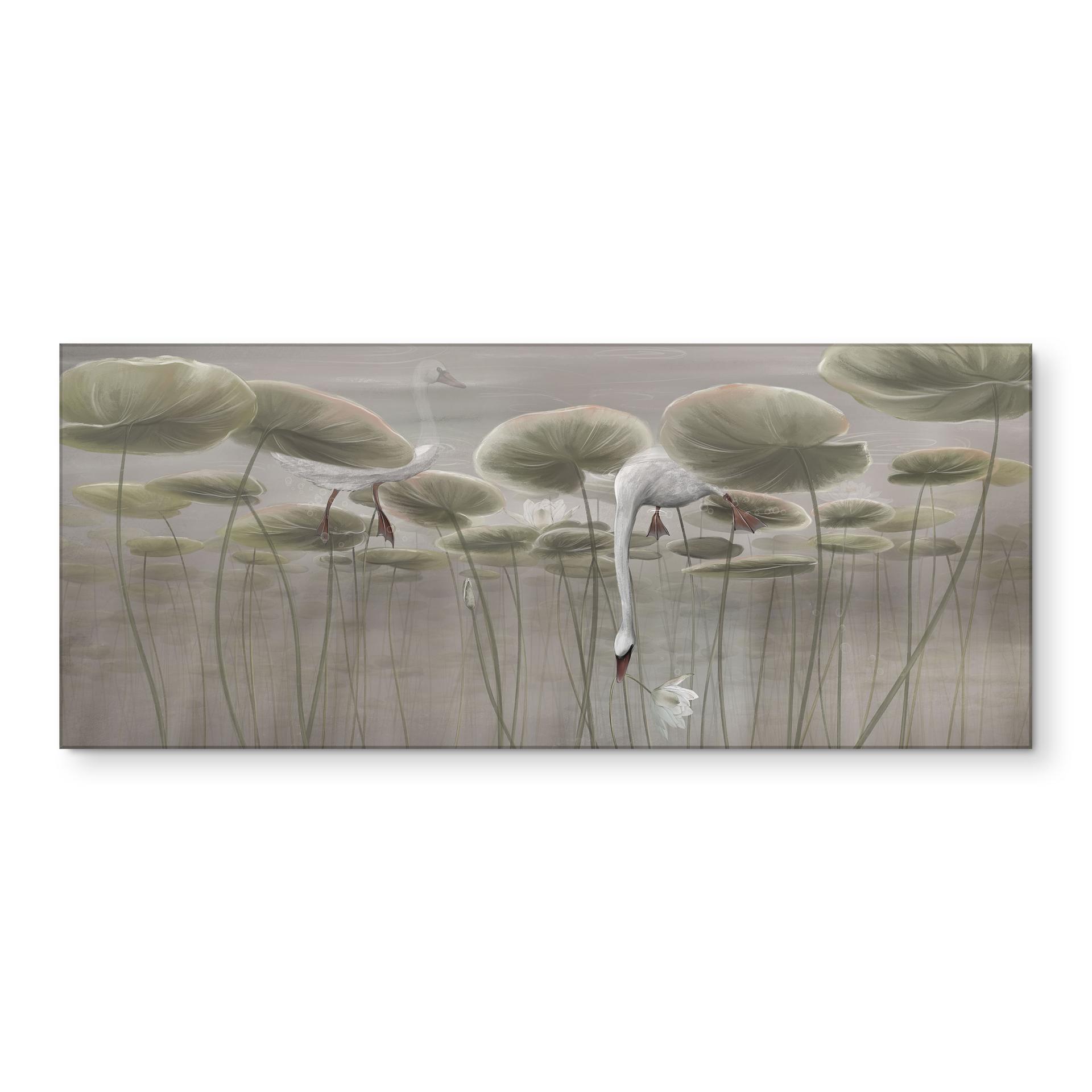 Küchenrückwand Lotusblumen mit Schwan im Wasser in Grau - Ms Tiff