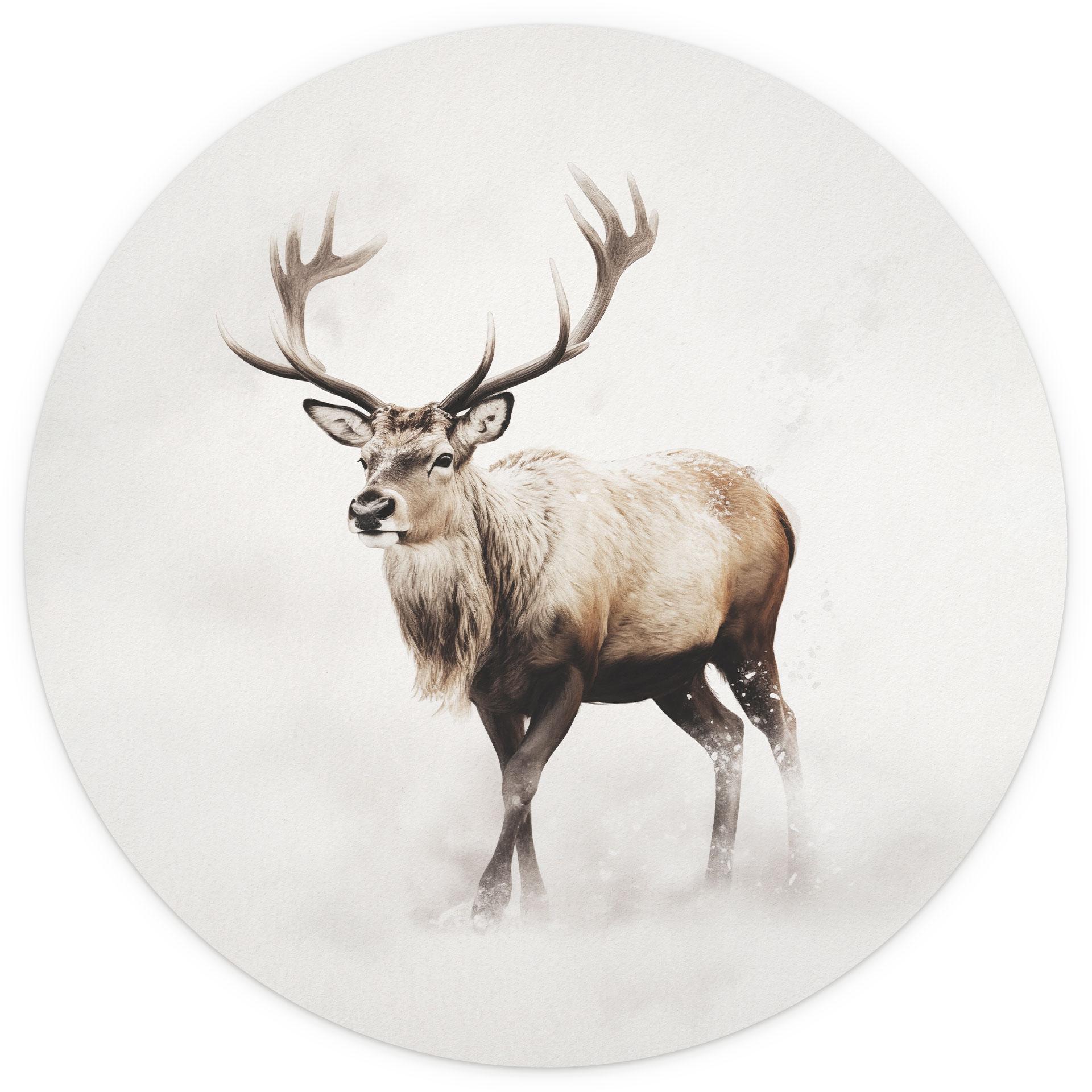 Fotobehang wintermotief - Hert in witte winter - Magnusson - Rond - Zelfklevend/niet-geweven